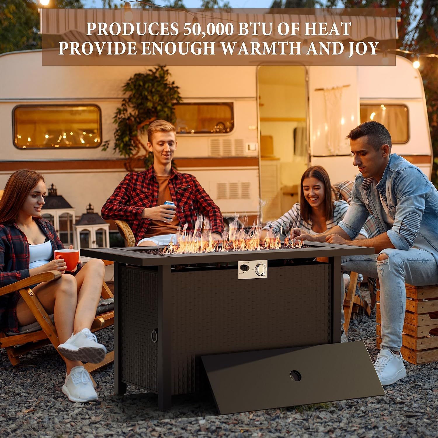 45 inch Propane Fire Pit Table, 50,000 BTU Outdoor Gas Fire Pit Table with Lid, Waterproof Cover, Rectangle Gas Firepit Table for Garden/Patio