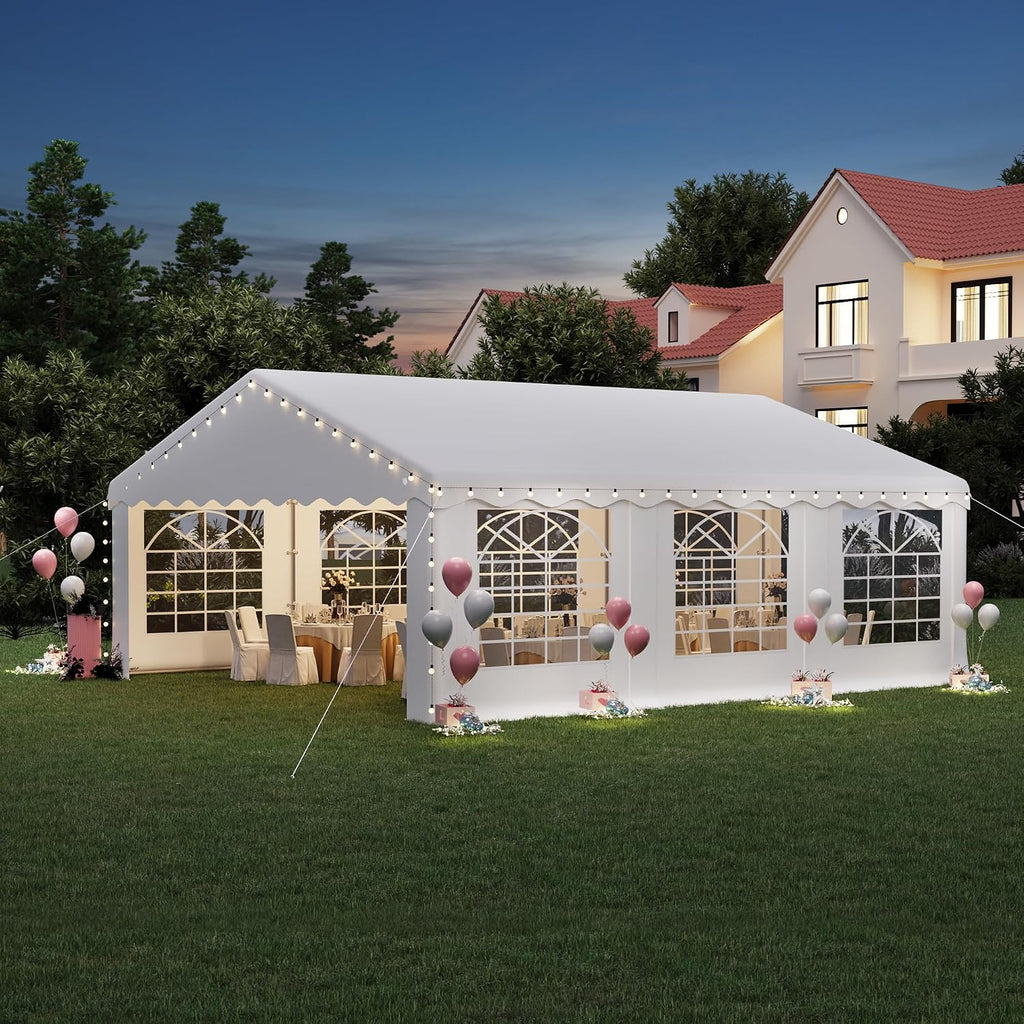 EROMMY 20x20ft Party Tent, Heavy Duty Large Wedding Canopy Outdoor Carport with 6 Removable Sidewalls, 2 Roll-up Doors, 2 Storage Bags, Gazebo Shelter Tent for Party Event Commercials, White