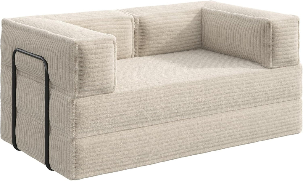 WLIVE 71'' Futon Sofa Bed, Convertible Sleeper Sofa, Folding Pull Out Couch Boneless Mattress with Fixed Frame, Corduroy, with Storage Pocket, Beige