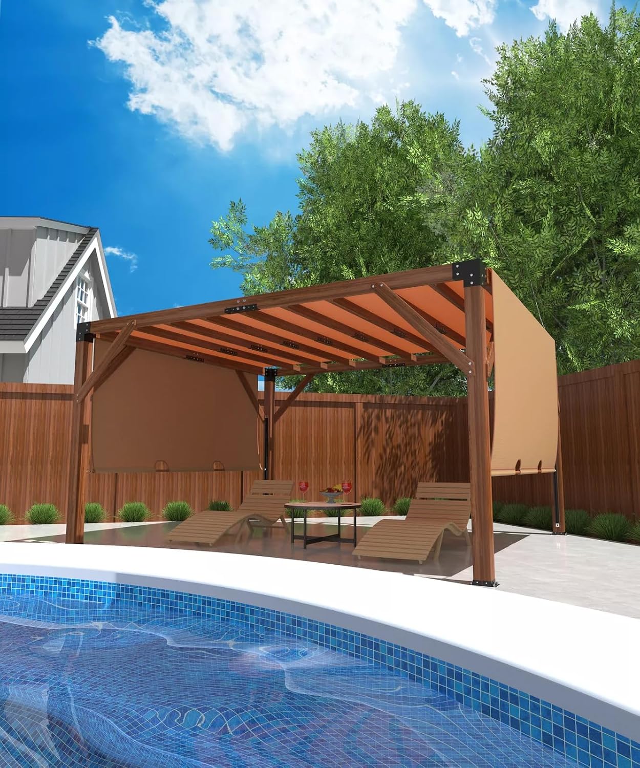 12'X 14' Cedar Wood Pergola, Wood Patio Pergola with Retractable Shade Canopy, Rot Resistant, Durable, for Backyard, Garden, Deck, Outdoor Entertaining