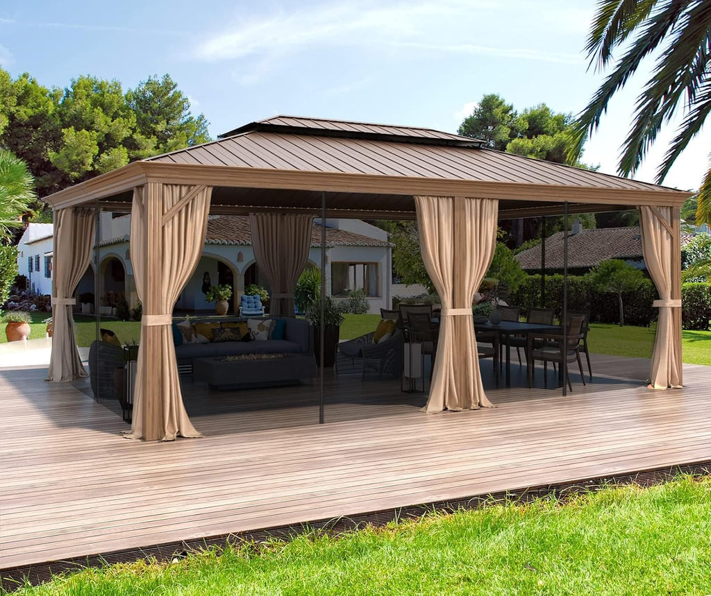 YOLENY 14'x20' Gazebo, Galvanized Steel Double Roof with Wood Grain Aluminum Frame, Outdoor Permanent Metal Pavilion with Curtains and Nettings for Patio, Backyard and Deck