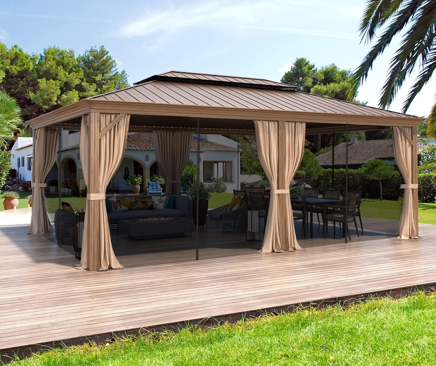 YOLENY 14'x20' Gazebo, Galvanized Steel Double Roof with Wood Grain Aluminum Frame, Outdoor Permanent Metal Pavilion with Curtains and Nettings for Patio, Backyard and Deck