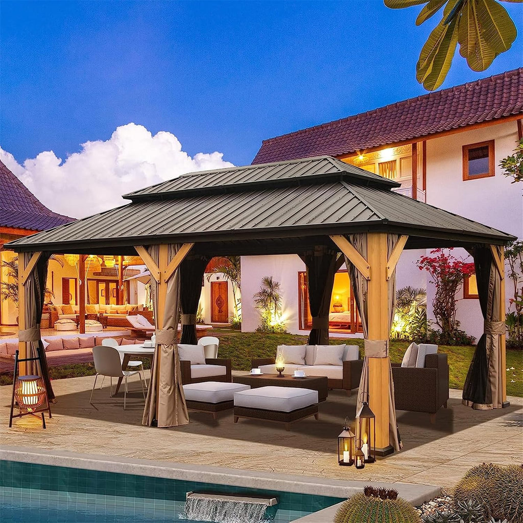12'x20' Hardtop Gazebo with Cedar Wood Frame, Outdoor Wood Gazebo with Galvanized Steel Double Roof, Permanent Metal Roof Gazebo with Curtains and Netting for Patio, Backyard and Lawn(Brown)
