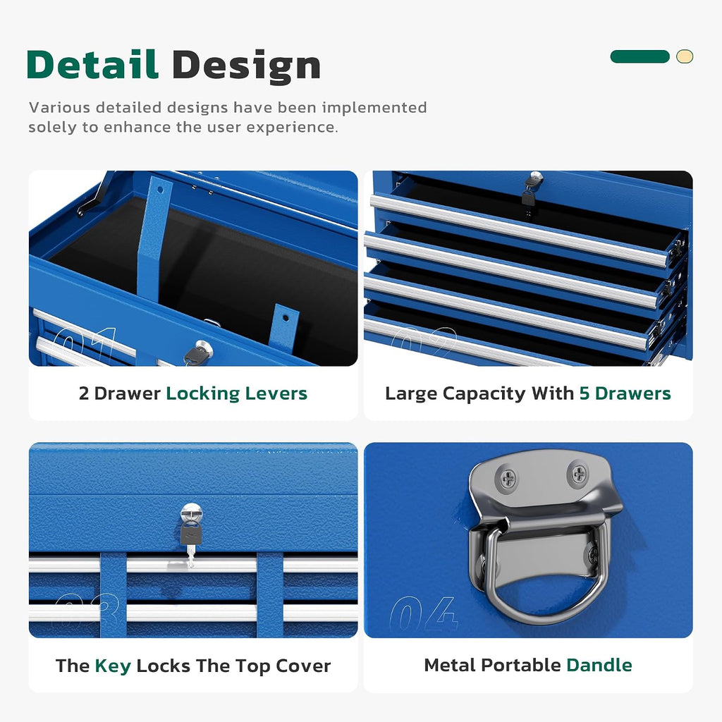 Greenvelly Tool Chest, 5-Drawer Rolling Tool Chest with Hooks and Lockable Wheels, Detachable Top Tool Box, Toolbox with Wheels, Rolling Tool Box for Mechanics Garage Workshop and Tool Room (Blue)
