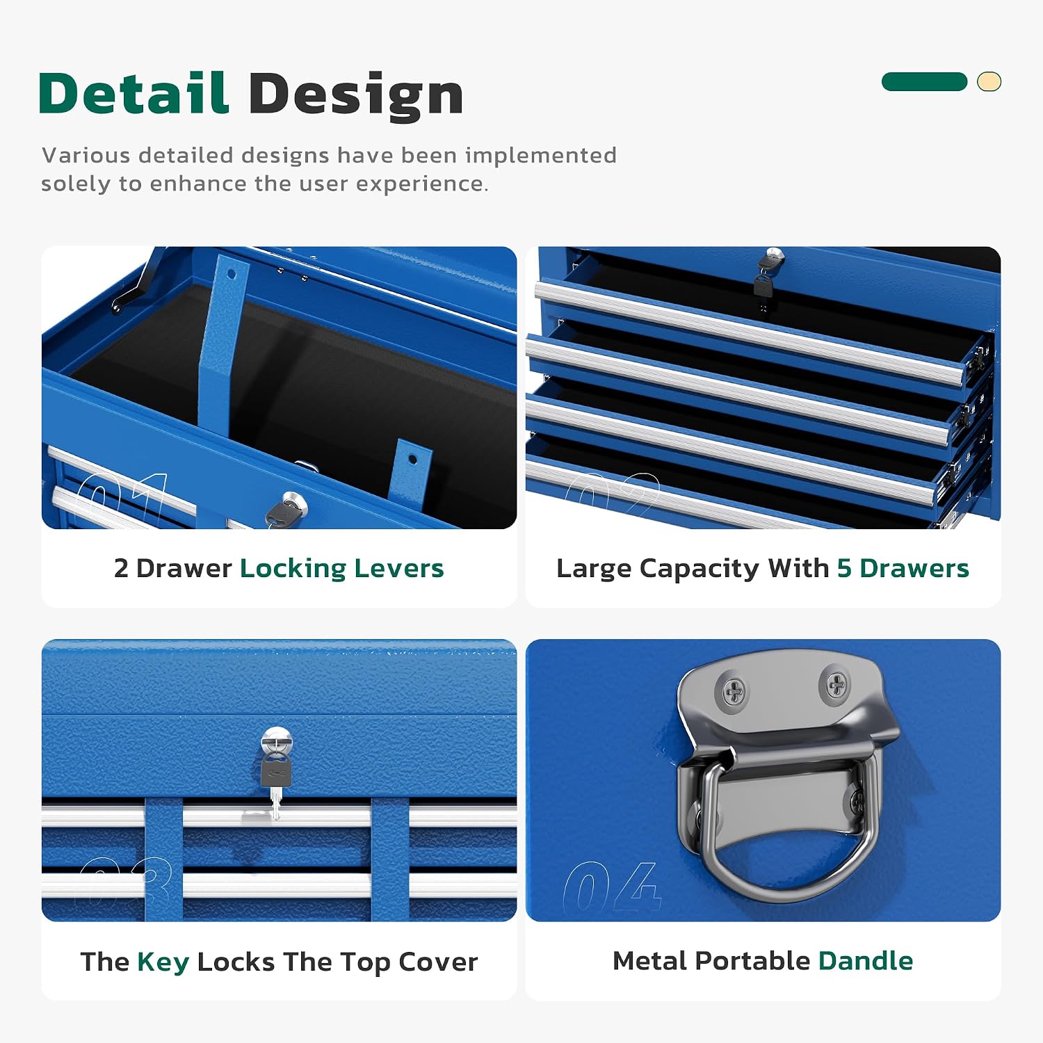 Greenvelly Tool Chest, 5-Drawer Rolling Tool Chest with Hooks and Lockable Wheels, Detachable Top Tool Box, Toolbox with Wheels, Rolling Tool Box for Mechanics Garage Workshop and Tool Room (Blue)