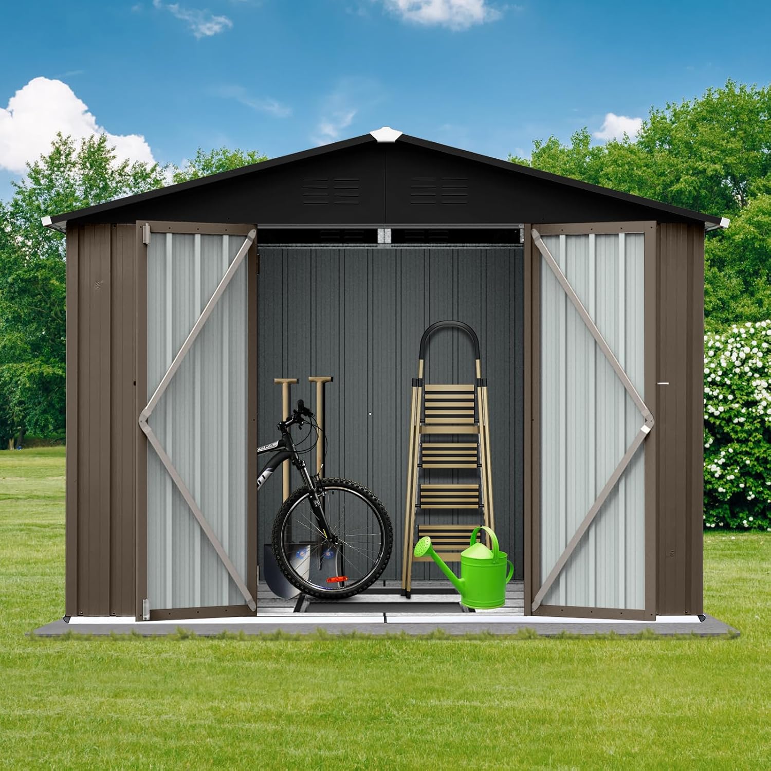 8 x 6 FT Metal Storage Shed, Outdoor Storage Shed with Lockable Door & Apex Roof, Hinged Door for Garden, Backyard, Lawn, and Utility Shelter, Shutter Vents, Weather-Resistant, Brown and Black