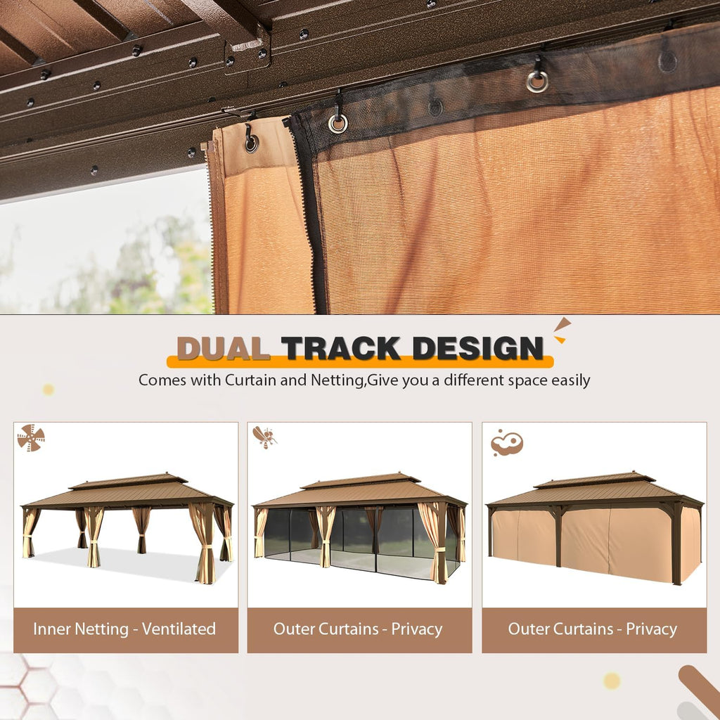 EROMMY 12'x24' Hardtop Gazebo Double Roof Galvanized Steel Canopy Outdoor Aluminum Frame Permanent Metal Pavilion with Netting and Curtains for Patio Backyard Deck and Lawns