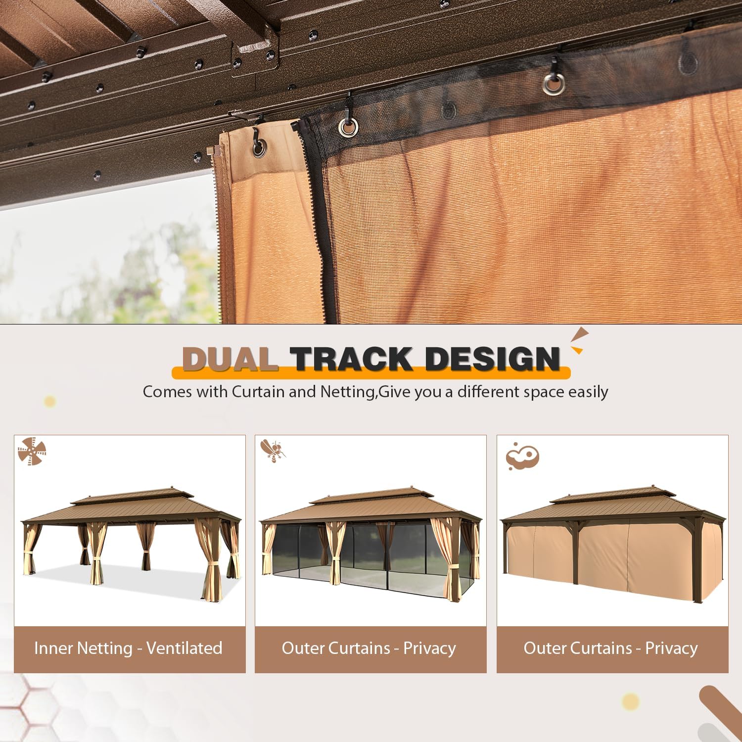 EROMMY 12'x24' Hardtop Gazebo Double Roof Galvanized Steel Canopy Outdoor Aluminum Frame Permanent Metal Pavilion with Netting and Curtains for Patio Backyard Deck and Lawns
