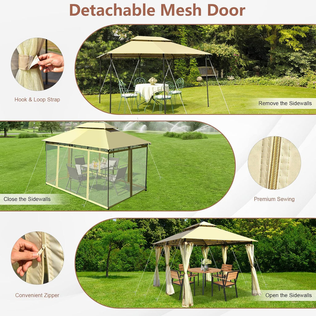 Tangkula 10 x 13 FT Patio Gazebo, 2-Tier Outdoor Gazebo with Removable Netting, Outdoor Patio Shelter with 130 Square Feet of Shade, Ideal for Backyard, Deck, Garden Beige