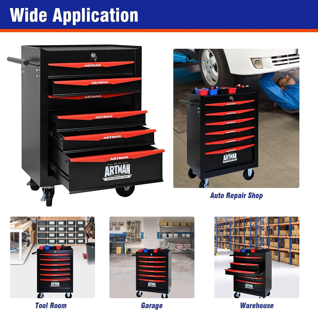 6 Drawers Tool Cart on Wheels, Multifunctional Rolling Tool Chest, Drawers Mobile Trolley Organizer Heavy Duty Tools Box with Locking Wheels & Ball Bearing Drawers (Black, 6 Drawers)