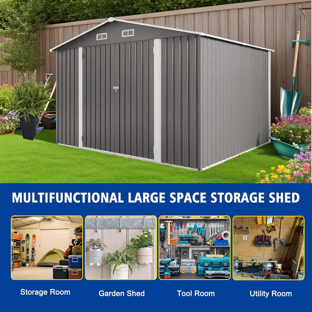 10x8 FT Outdoor Metal Storage Shed, Large Garden Backyard Tool Shed with Lockable Door, Windows and Vents, Multi-Purpose Outside Bike Storage Sheds for Patio, Lawn, Poolside, Motorcycle, Gray