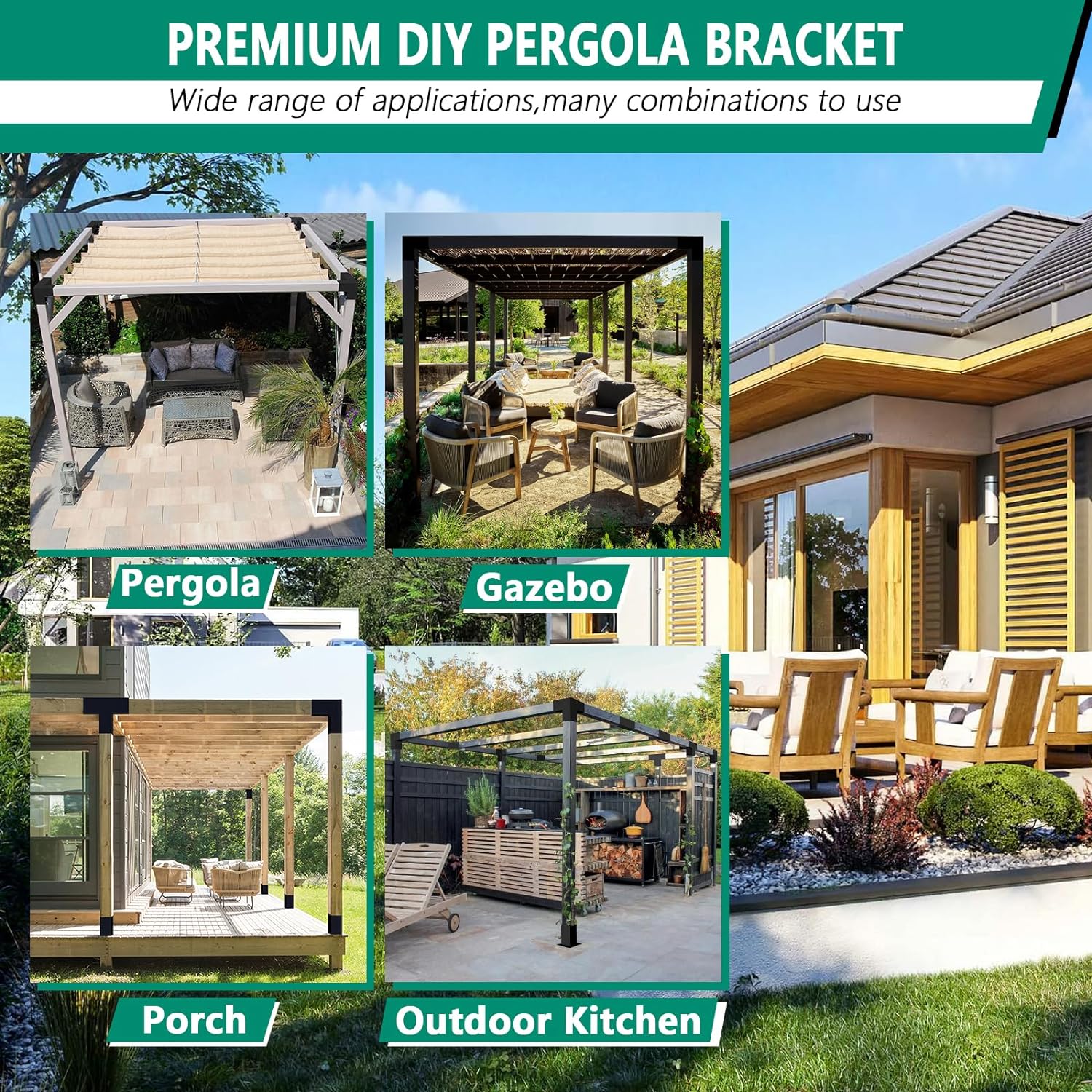 Pergola Bracket kit,3-Way & 4-Way Right Corner Angle Woodwork Bracket for 4' x 4' (Actual: 3.5' x3.5'') Wood Beam for Outdoor Gazebos,Patio Pergolas,Log Cabins - 6Pack