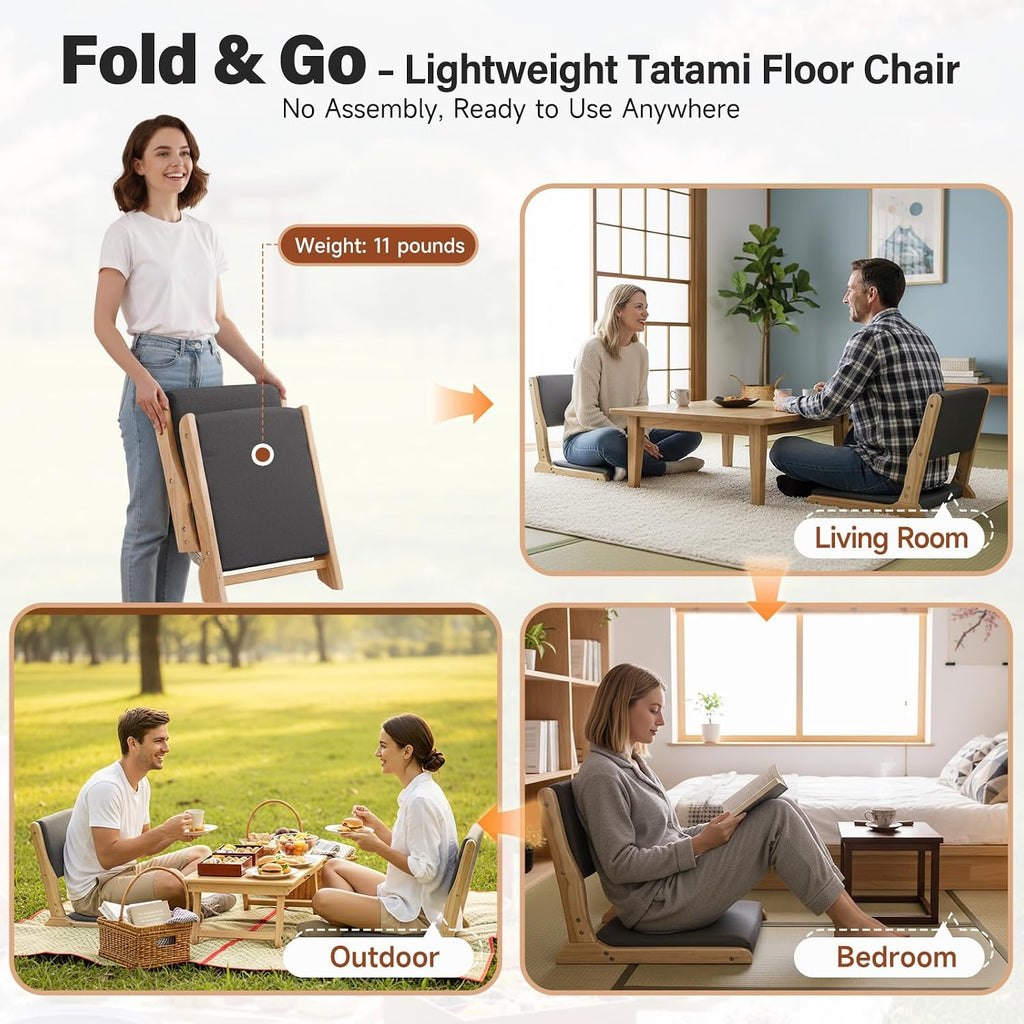 Tiita Floor Chair with Back Support, Foldable Meditation Tatami Chairs, Backrest Chair with Cushion, Living Room Chair Seat 2 Pack, Wood Dark Grey