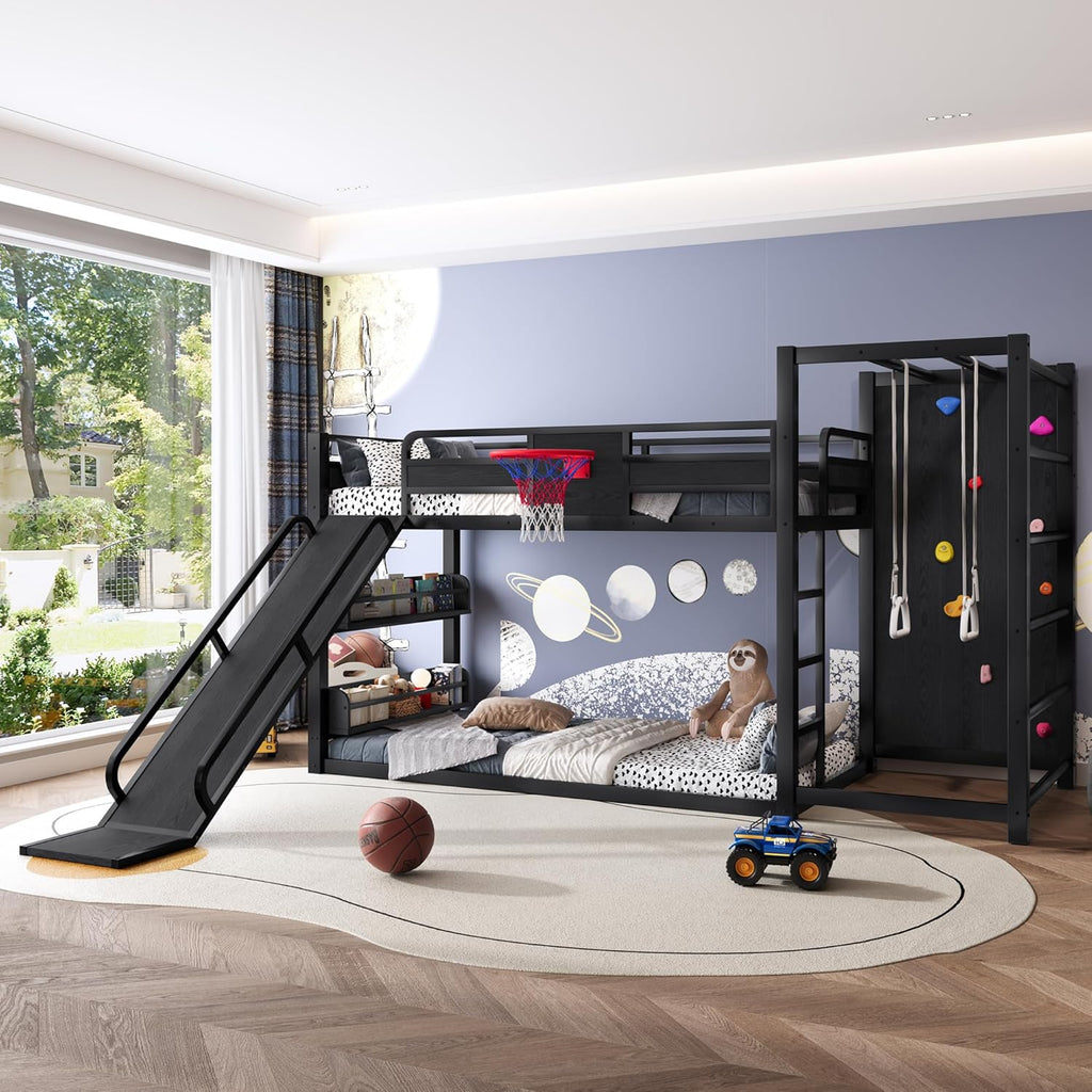 SOFTSEA Twin Size Metal Loft Bed with Slide, Heavy Duty Bunk Bed with Basketball Hoop, Climbing Wall & Pull Up Rings for Kids Teens Adults, Basketball Slide Bed, No Noise, Black
