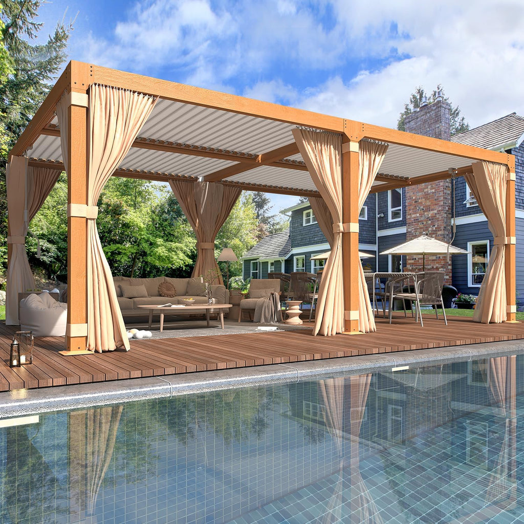 YOLENY Louvered Pergola 12x20, All Aluminum Pergola with Adjustable Rainproof Roof, Outdoor Pergola with Curtains and Nets for Patio & Garden, Woodgrain
