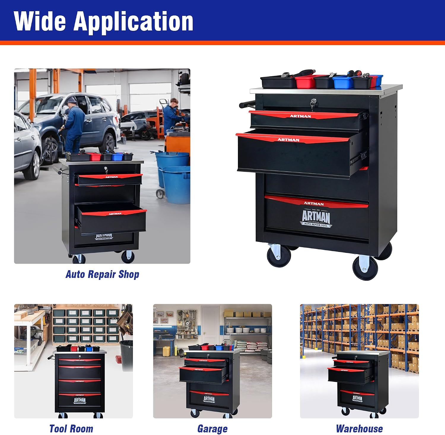 4 Drawers Tool Cart on Wheels with Stainless Steel Worktop, Heavy Duty Mobile Rolling Drawer Tool Chest with Locking Wheels & Lockable Drawers, Garage Tool Storage Cabinet (Black, 4 Drawers)