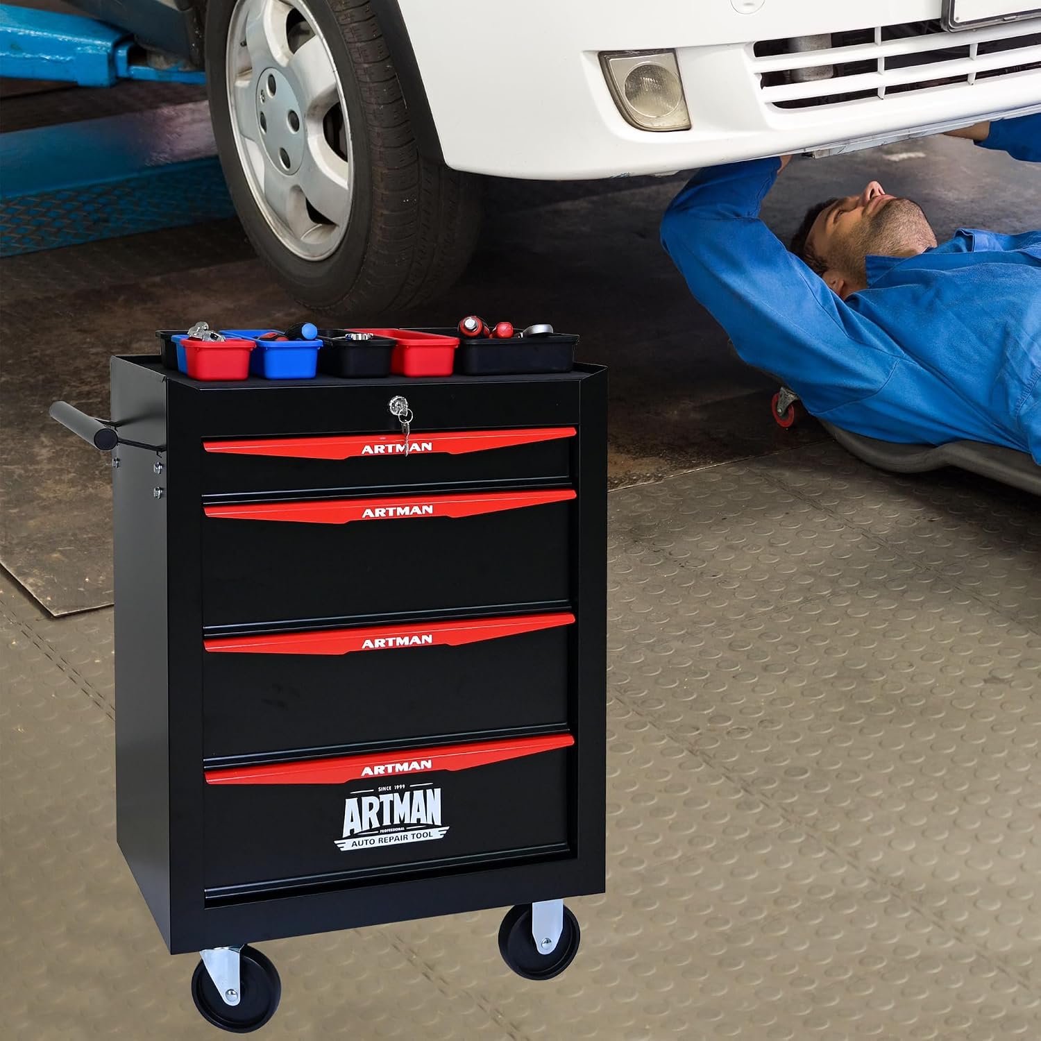 4 Drawers Tool Cart on Wheels, Multifunctional Rolling Tool Chest, Drawers Mobile Trolley Organizer Heavy Duty Tools Box with Locking Wheels & Ball Bearing Drawers (Black, 4 Drawers)