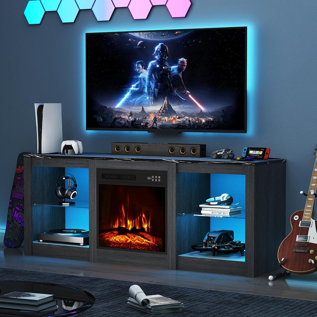 Electric Fireplace TV Stand for TVs Up to 65', 58' Entertainment Center Console Table with 18' Fireplace/LED Light/Power Outlet/Adjustable Shelves/Faux Marble Top for Living Room, Black