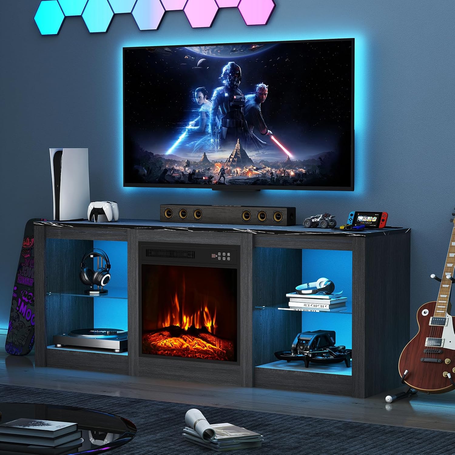 Electric Fireplace TV Stand for TVs Up to 65', 58' Entertainment Center Console Table with 18' Fireplace/LED Light/Power Outlet/Adjustable Shelves/Faux Marble Top for Living Room, Black