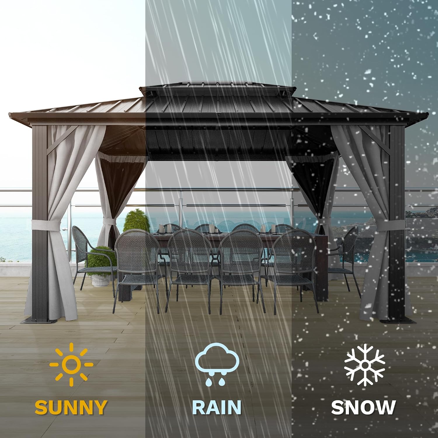 DWVO 10x12ft Gazebo Double Roof Hardtop with Nettings and Curtains, Heavy Duty Galvanized Steel Outdoor Vertical Stripes Roof for Patio, Backyard, Deck, Lawns, Grey