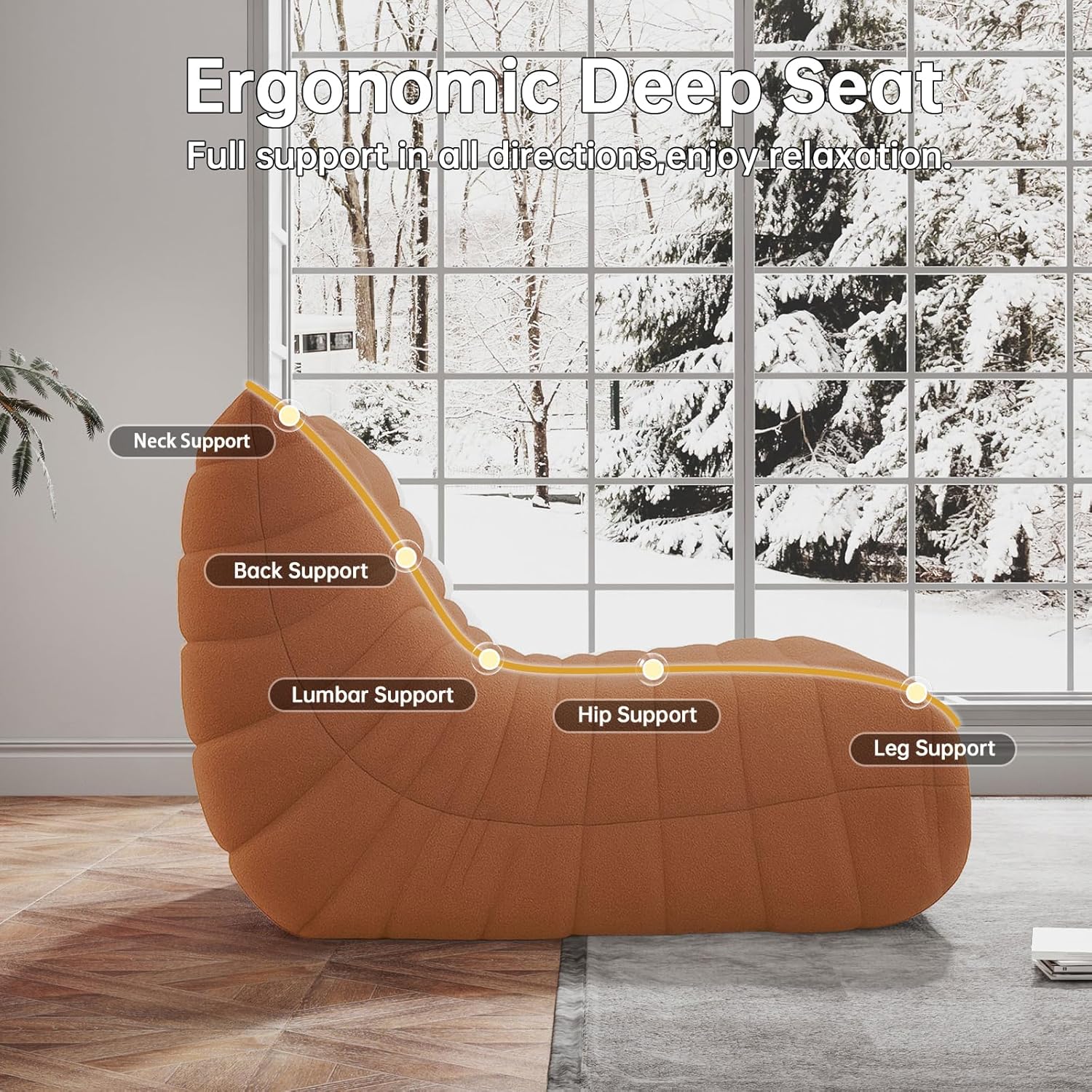 WHGBJA Bean Bag Chairs for Adults, BeanBag Reading Chair Memory Foam Couch 3-Seater, Floor Chair Soft Teddy Material, Comfy Reading Nook Chairs for Bedroom Living Room Office (Orange)