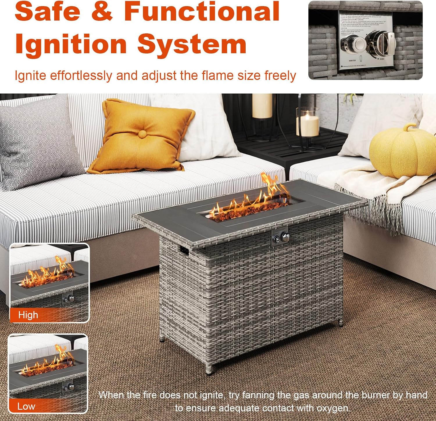 Tangkula 44.5 Inch Propane Fire Pit Table, Outdoor Rattan Gas Firepit with Metal Slatted Tabletop & Stainless Steel Burner, Rectangle Fire Pit with Lava Rocks & Protective Cover for Outside Patio