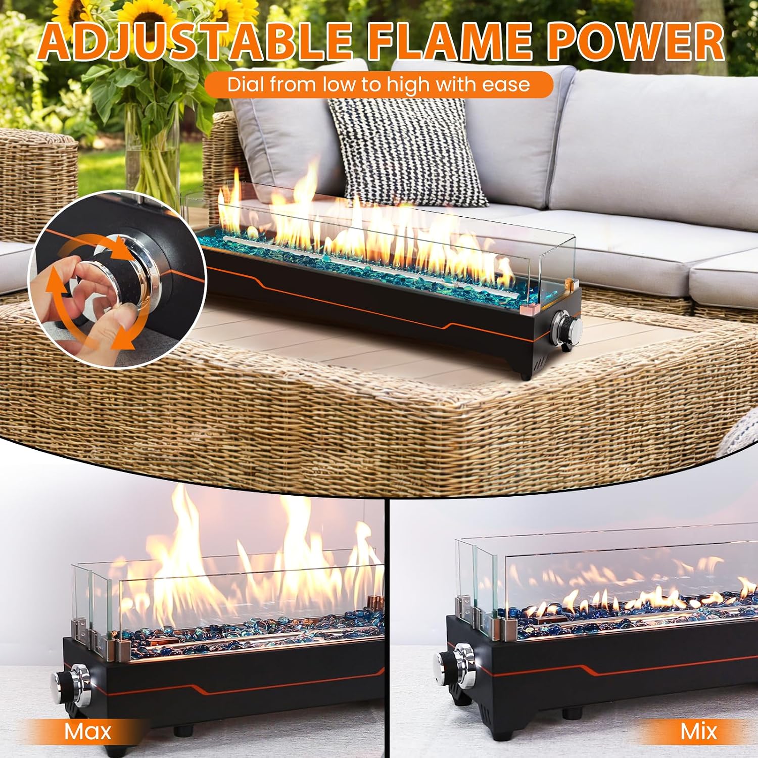 GRISUN 36' Table Top Propane Fire Pit, 50000 BTU Tabletop Gas Fire Pit, Tabletop Firepit for Patio, Outdoor Portable Fireplace, Rectangular Fire Bowl with Glass Wind Guard, Glass Beads & Cover