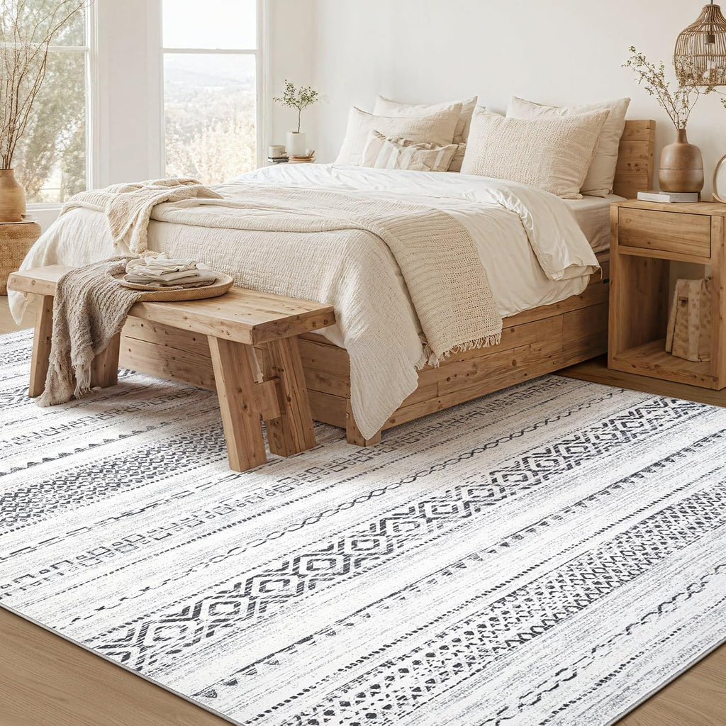 kakania 9x12 Washable Area Rug: Non Slip Soft Thin Carpet, Boho Geometric Modern Decor, Easy Clean Indoor Floor Large Rugs for Living Room Bedroom Kids Dorm Office Dining - Square Grey