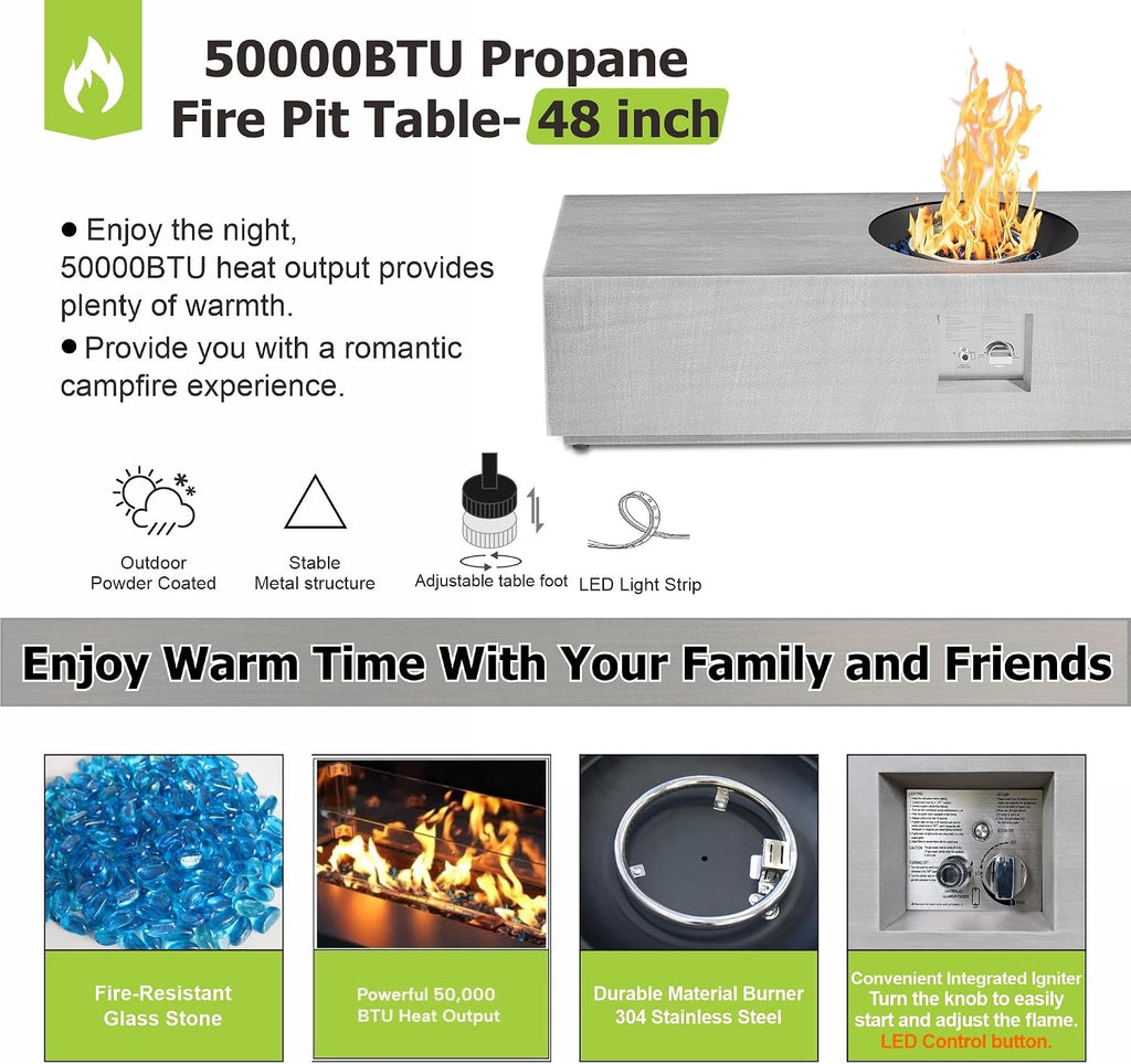 SUNPEAK 48' Outdoor Propane Fire Pit with Round Burner and Lights - 50,000 BTU Fire Pit Table with Lid, Rocks, Cover & Tank Storage - Patio and Deck Gas Fire Pit (Light Grey/Golden Light, 48' LED)