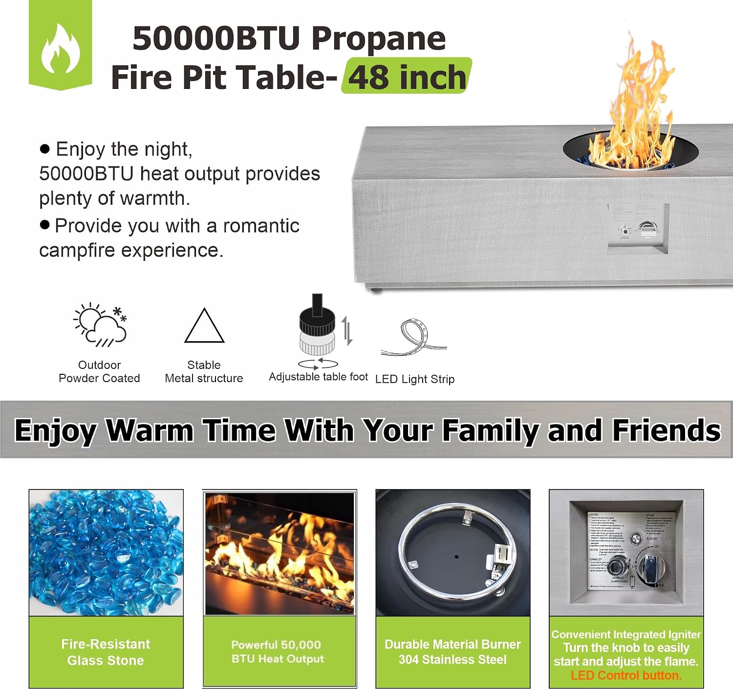 SUNPEAK 48' Outdoor Propane Fire Pit with Round Burner and Lights - 50,000 BTU Fire Pit Table with Lid, Rocks, Cover & Tank Storage - Patio and Deck Gas Fire Pit (Light Grey/Golden Light, 48' LED)