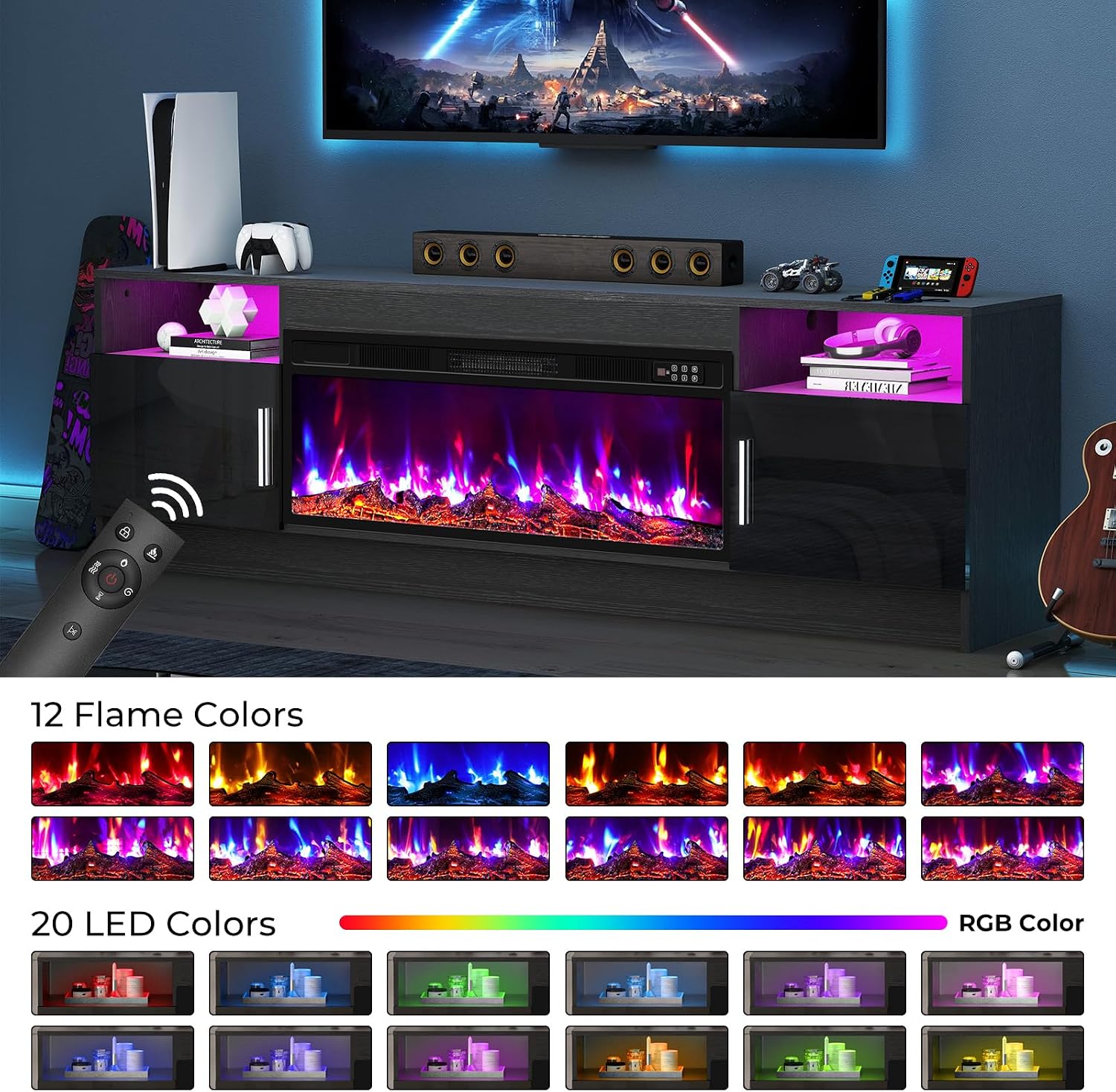 70' Fireplace TV Stand for TVs Up to 80', LED Light Media Console with 36' Electric Heater, Storage Cabinet, Black Entertainment Center for Living Room,Log