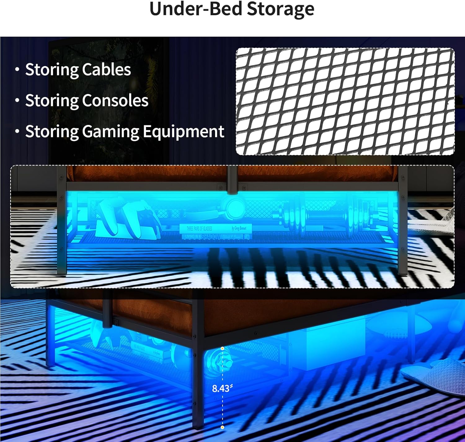 Twin Size Gaming Bed Frame with Storage Headboard,Black Metal Twin Bed Frame with LED Light Rotating TV Mount Charging Station,College Dorm Room Essential for Gaming Teen Boys Kids,Heavy Duty