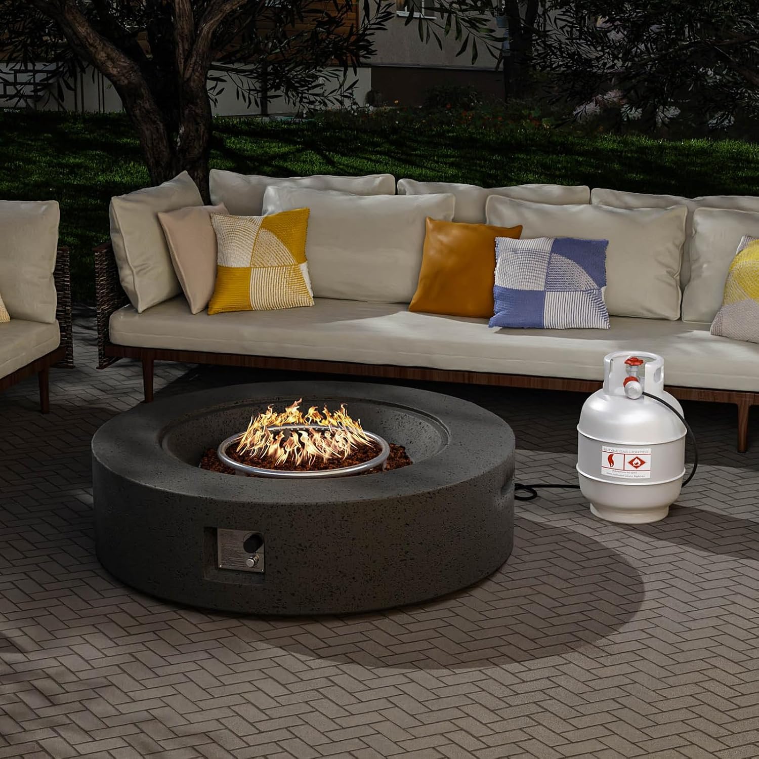 SUNBURY Outdoor Travertine Fire Pit Table, 42 inches Round Propane Gas Patio Fire Pit 50,000 BTU Concrete, Circular Base Firepit with Lava Rocks, Waterproof Cover (Grey)