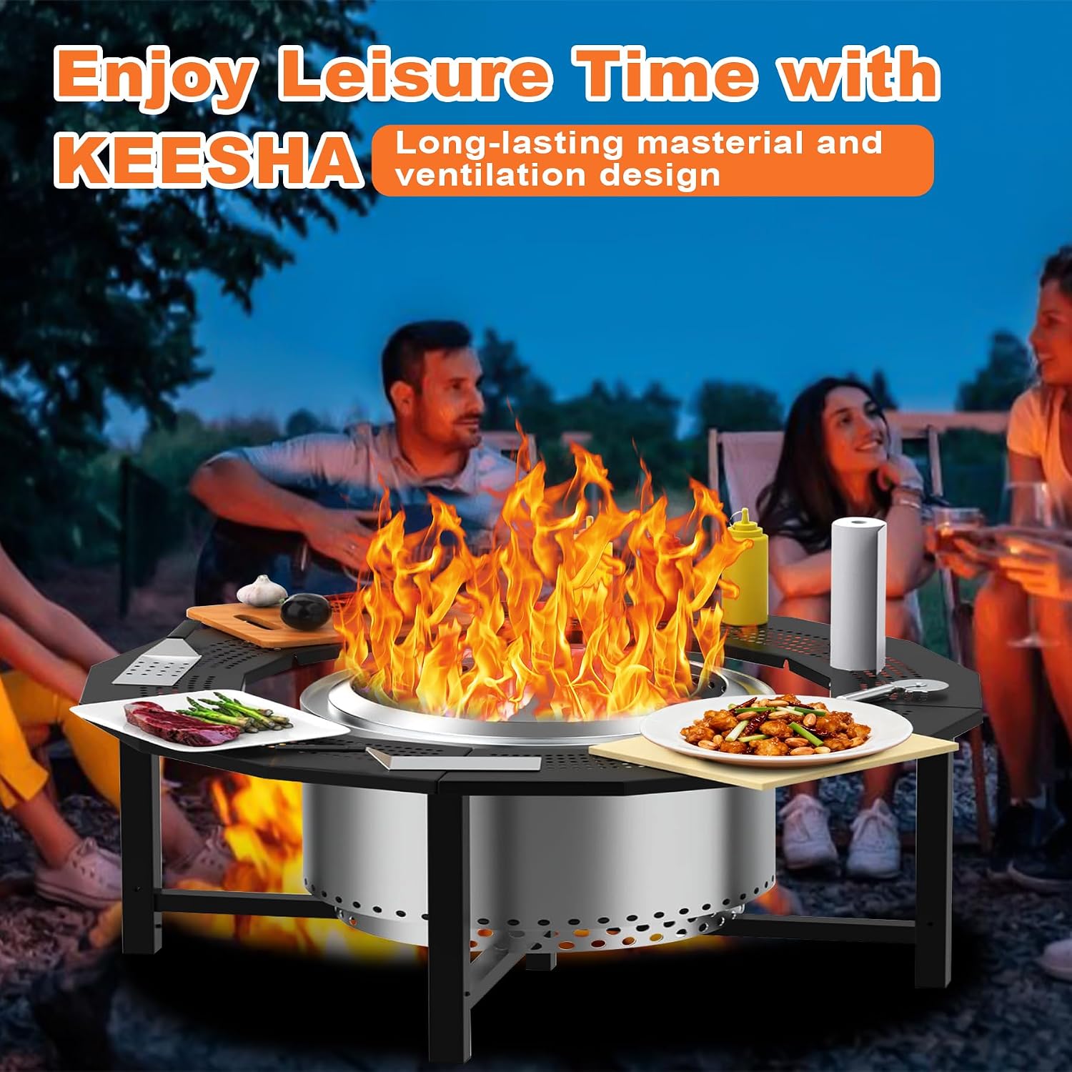 40'' Fire Pit Surround Tabletop with Cover for Solo Stove Bonfire and Ranger, Powder-Coated Steel Surround Table for Safety and Extra Large Space