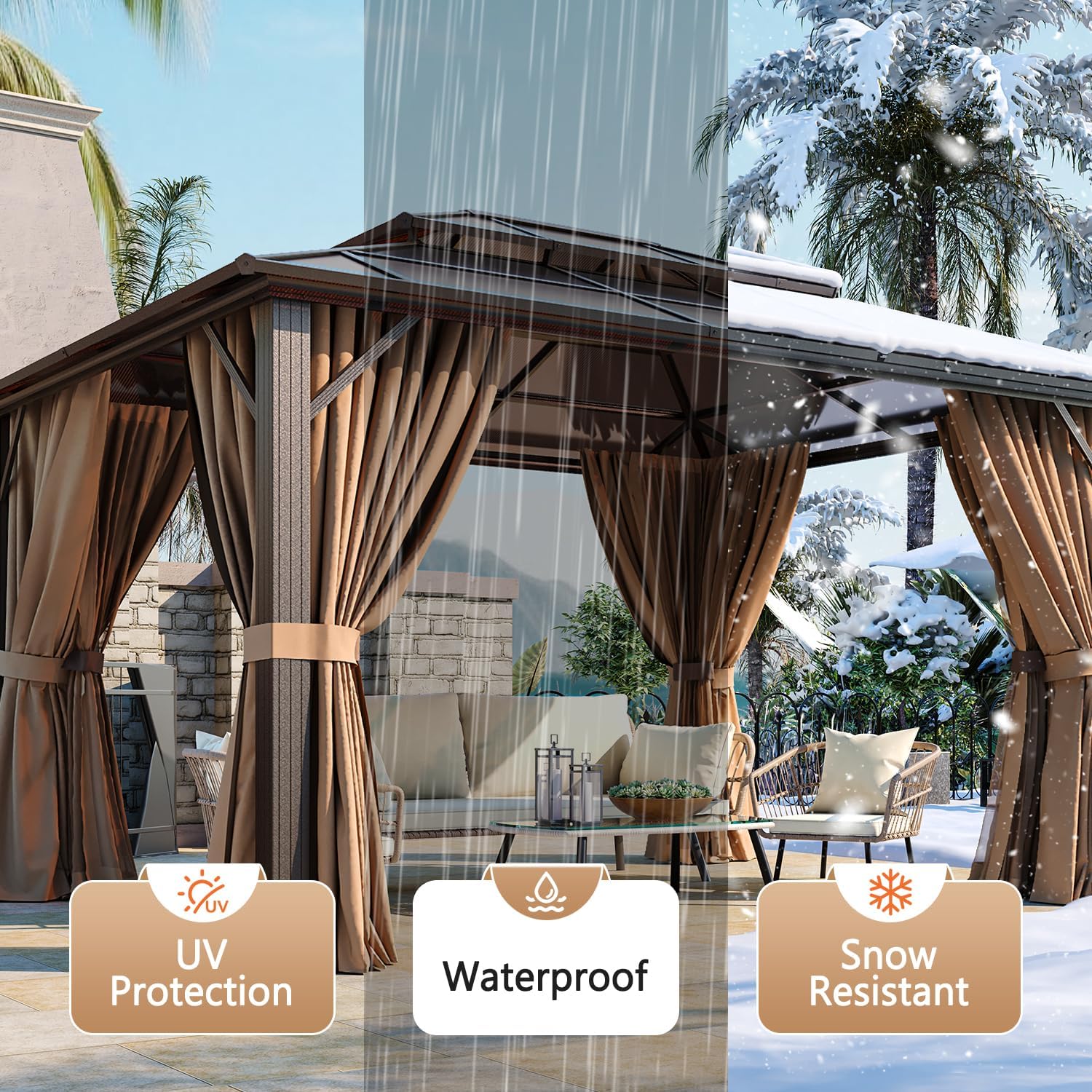 10'x13' Hardtop Gazebo, Polycarbonate Double Top Canopy, Aluminum Frame Permanent Pavilion with Curtains and Netting, Sunshade for Lawns, Patios, Gardens