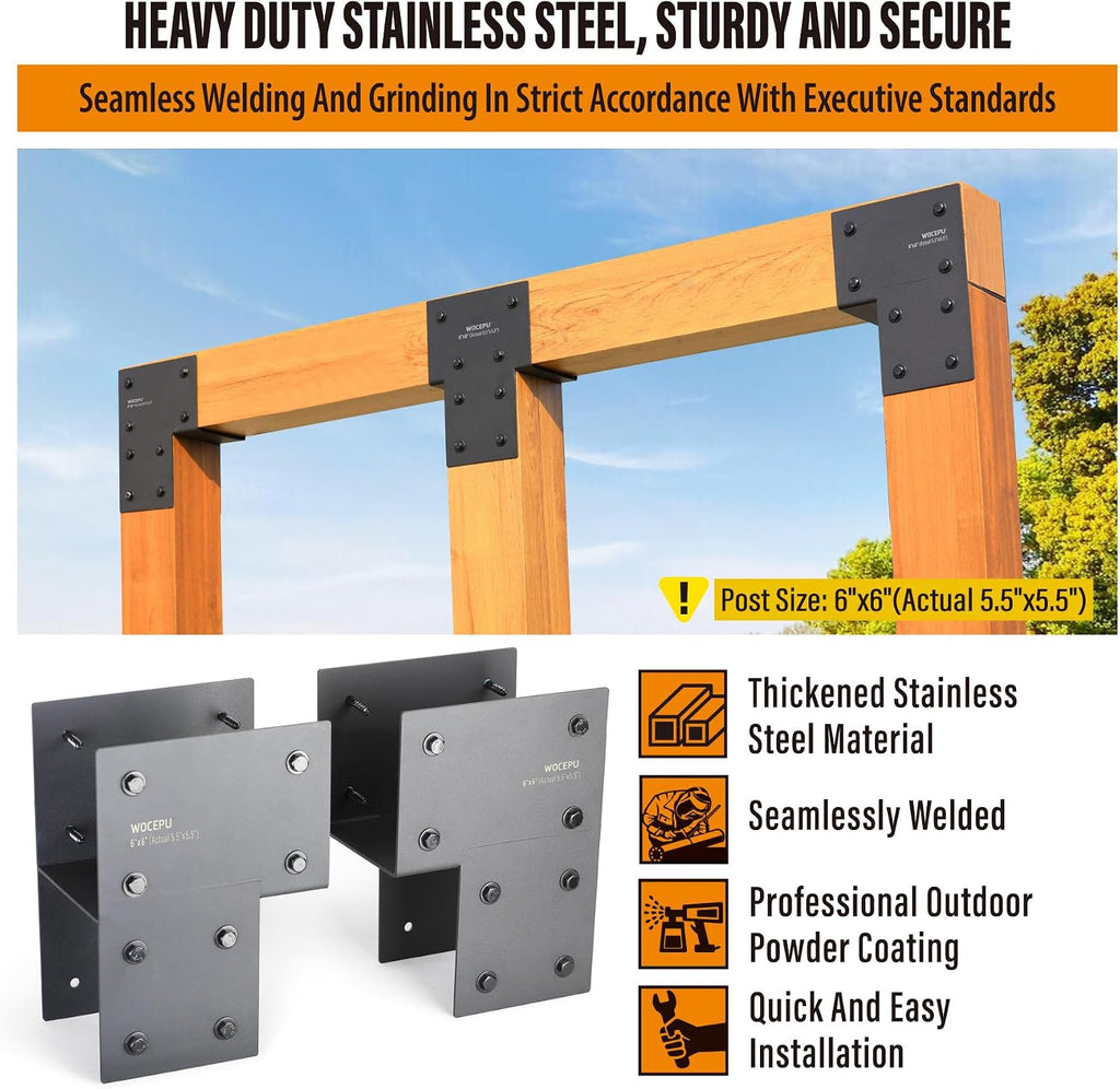 4 Pack Heavy Duty 6x6 (Actual 5.5'x5.5') Stainless Steel End Post Caps Tie Bracket , Fit Connecting Wood Gazebo, Deck Patio Post and Wood Beams Bracket (Dark Ggray)