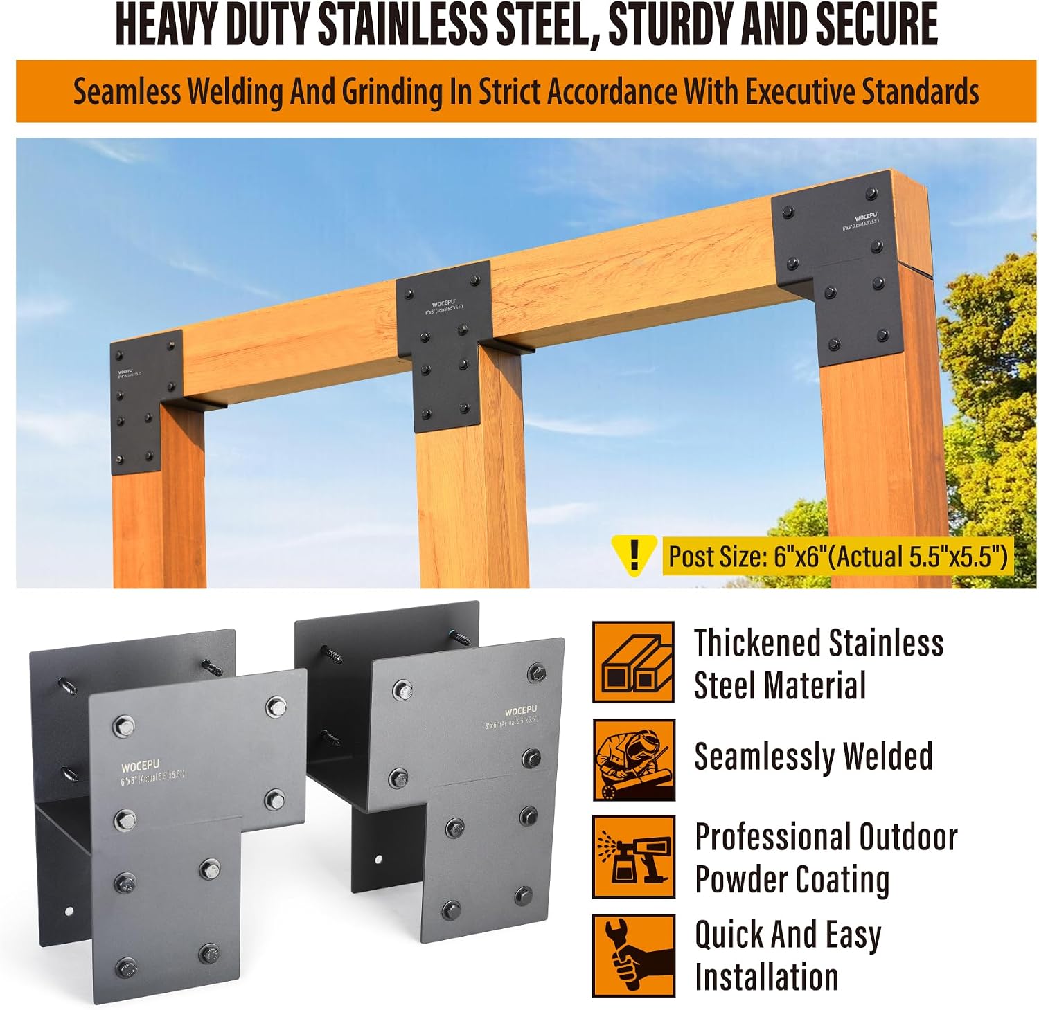 4 Pack Heavy Duty 6x6 (Actual 5.5'x5.5') Stainless Steel End Post Caps Tie Bracket , Fit Connecting Wood Gazebo, Deck Patio Post and Wood Beams Bracket (Dark Ggray)