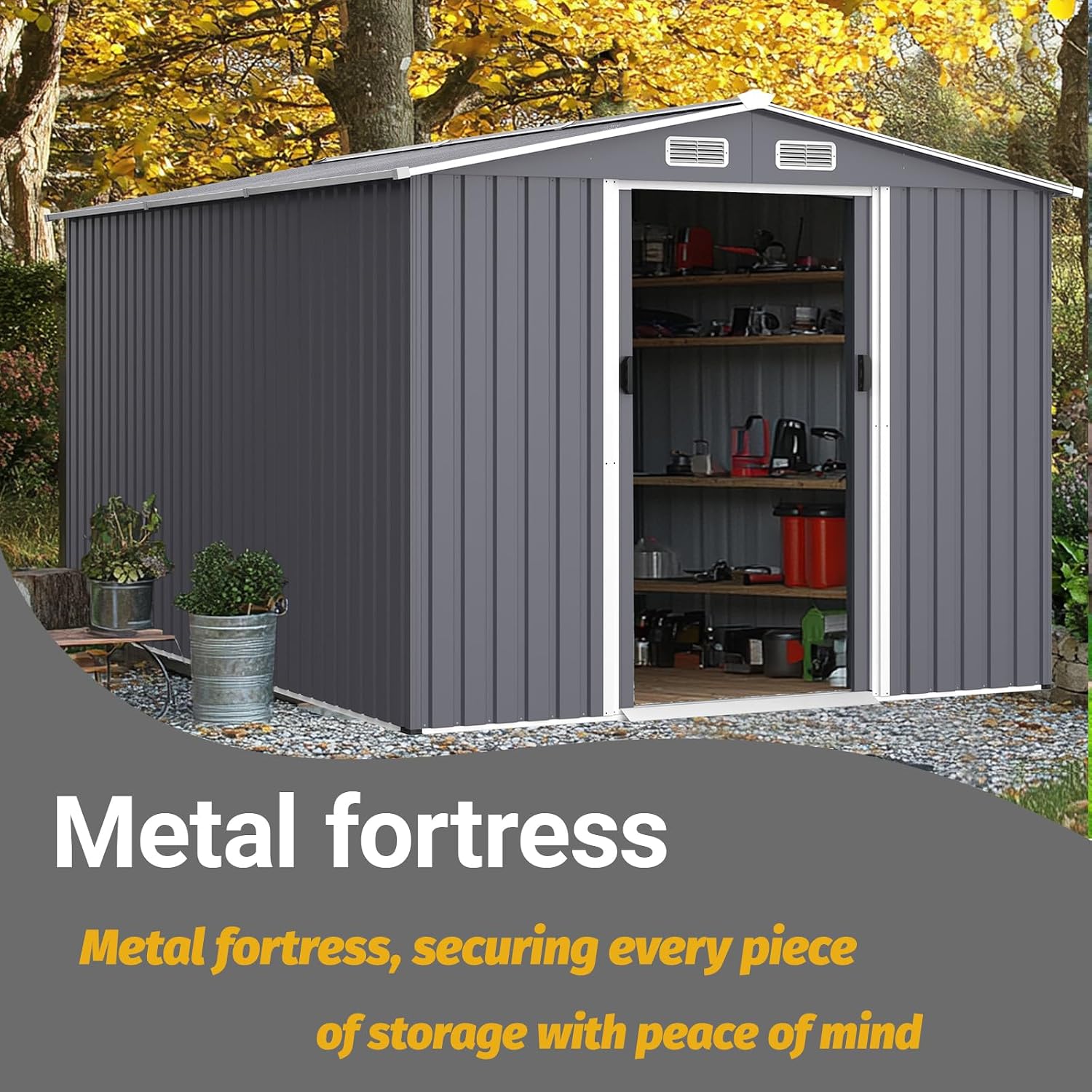 Shed with Windows,Large Metal Outdoor Storage Shed, Lockable Tool Storage shed, Steel Garden shed, Suitable for Backyard, Terrace, and Poolside (Grey+Metal, 8FTx12FT)
