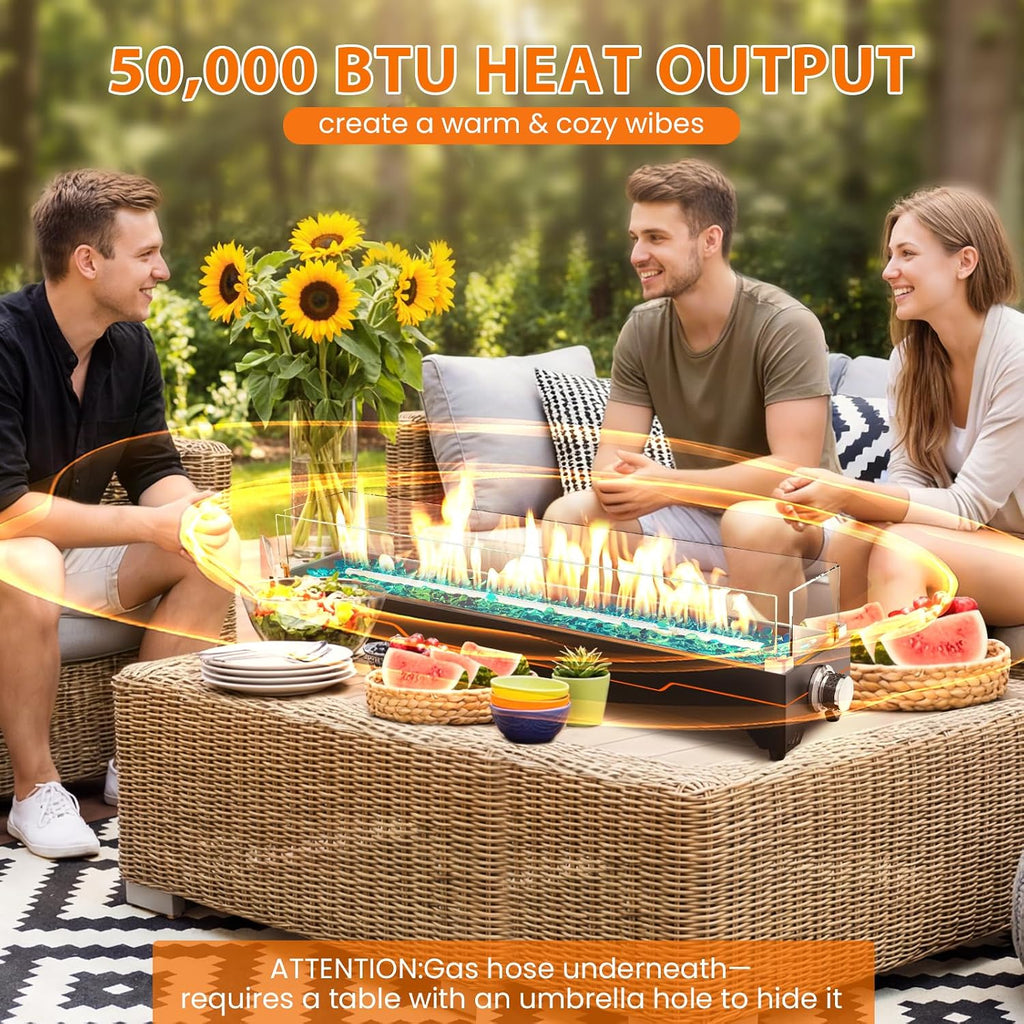 GRISUN 36' Table Top Propane Fire Pit, 50000 BTU Tabletop Gas Fire Pit, Tabletop Firepit for Patio, Outdoor Portable Fireplace, Rectangular Fire Bowl with Glass Wind Guard, Glass Beads & Cover