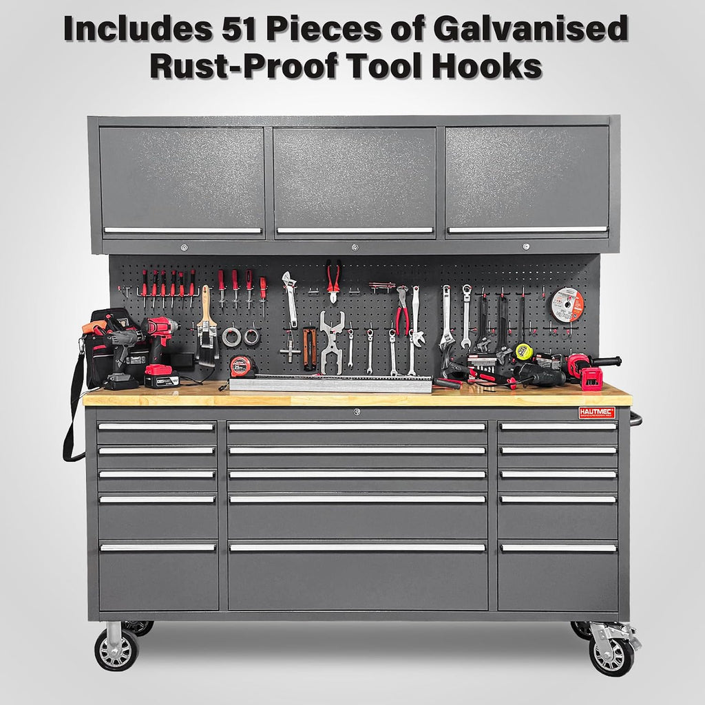 HAUTMEC 72' Rolling Tool Chest, Heavy-Duty Tool Cabinet with Wheels, Garage Workbench with 15 Drawers, 3 Upper Cabinets, Pegboard & 51 Hooks, Oak Worktop & Power Strip – HT0428