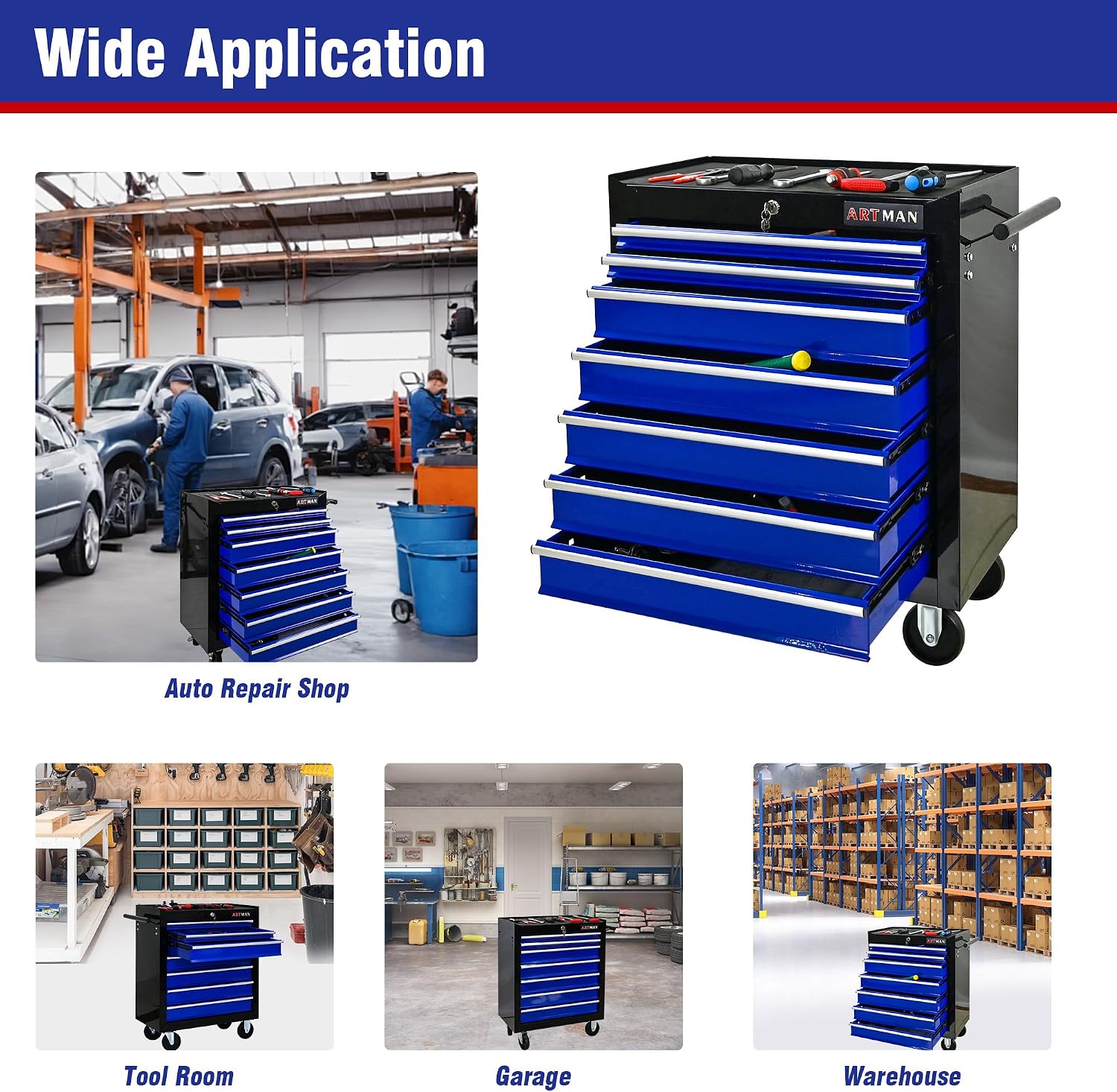 7 Drawers Tool Cart on Wheels, 7 Drawer Rolling Tool Chest with Key Lock, Trolley Organizer Tool Case, Multifunctional Rolling Tool Box for Garage,Warehouse,Workshop,Repair Shop (Black+Blue)