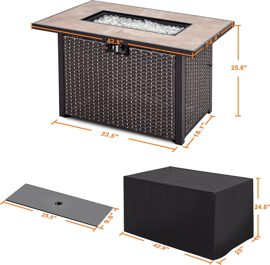 Nuu Garden Propane Fire Pit Table, CSA Certified 43 Inch 50,000 BTU Outdoor Gas Fire Pit Table with Ceramic Tabletop, 7 lbs Glass Stone and Oxford Cover, Dark Brown and Coffee