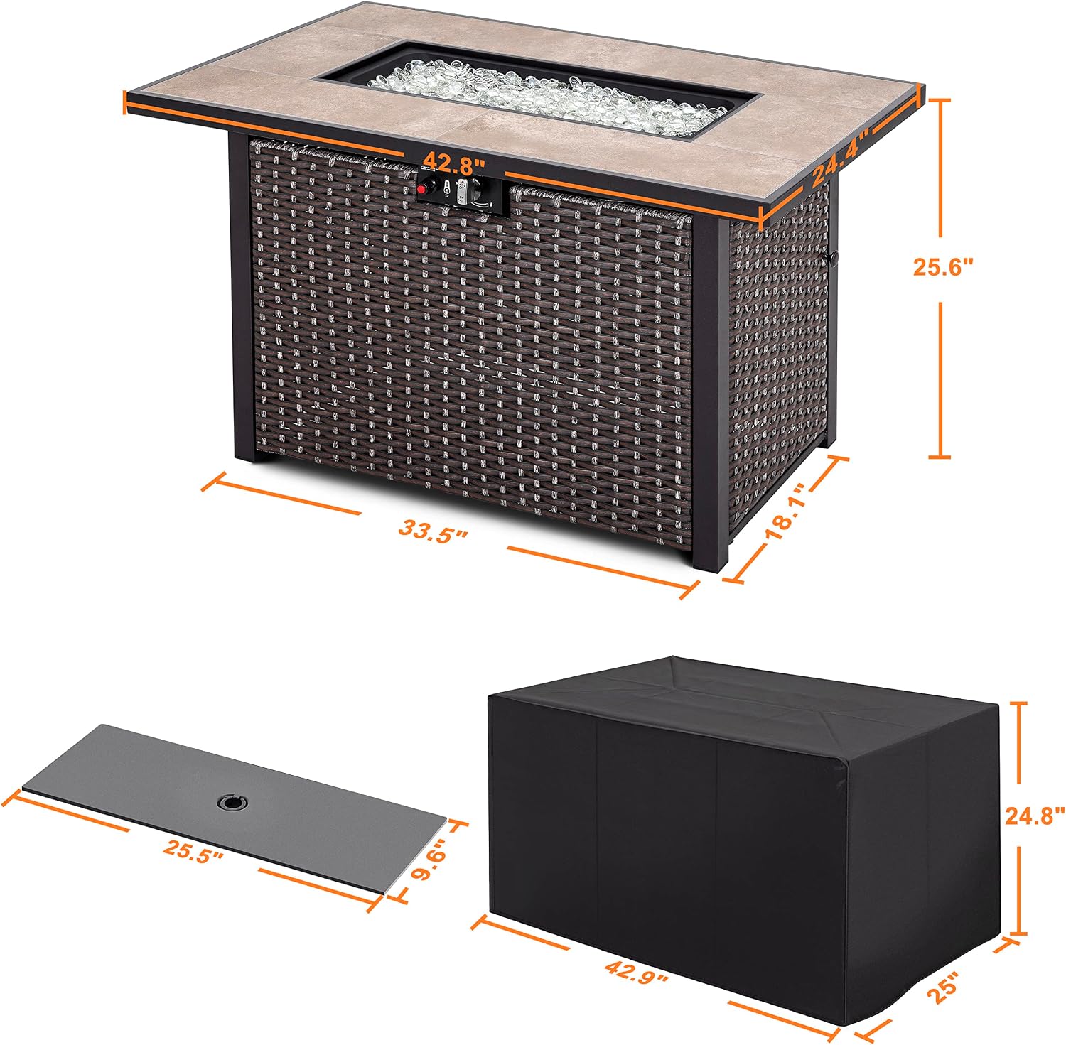 Nuu Garden Propane Fire Pit Table, CSA Certified 43 Inch 50,000 BTU Outdoor Gas Fire Pit Table with Ceramic Tabletop, 7 lbs Glass Stone and Oxford Cover, Dark Brown and Coffee