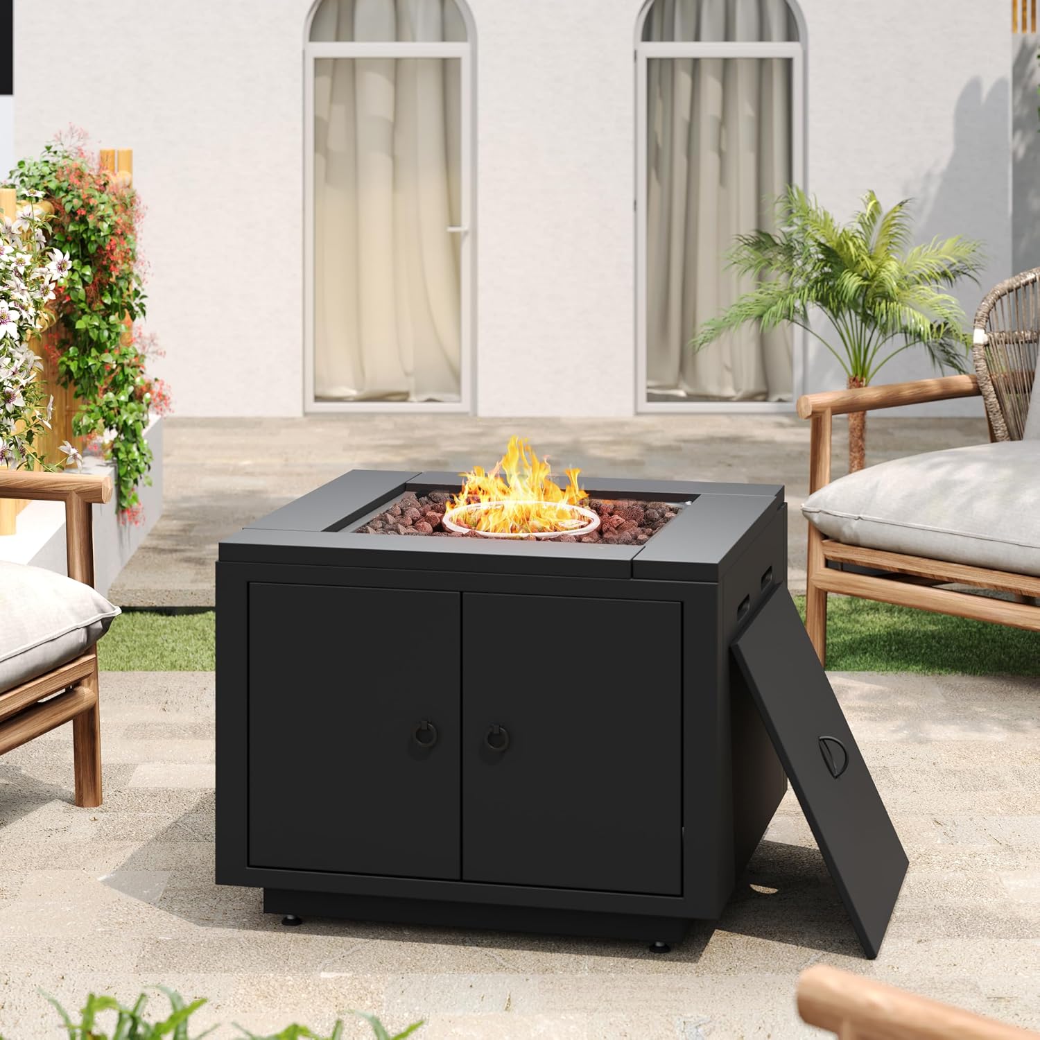 Christopher Knight Home Senna Outdoor Fire Pit with Lava Rocks and Protect Cover, Galvanized Steel Construction Tank Table, 40000 BTU Square Tabletop Fire Pit, Patio Gas Fireplace Table, Black