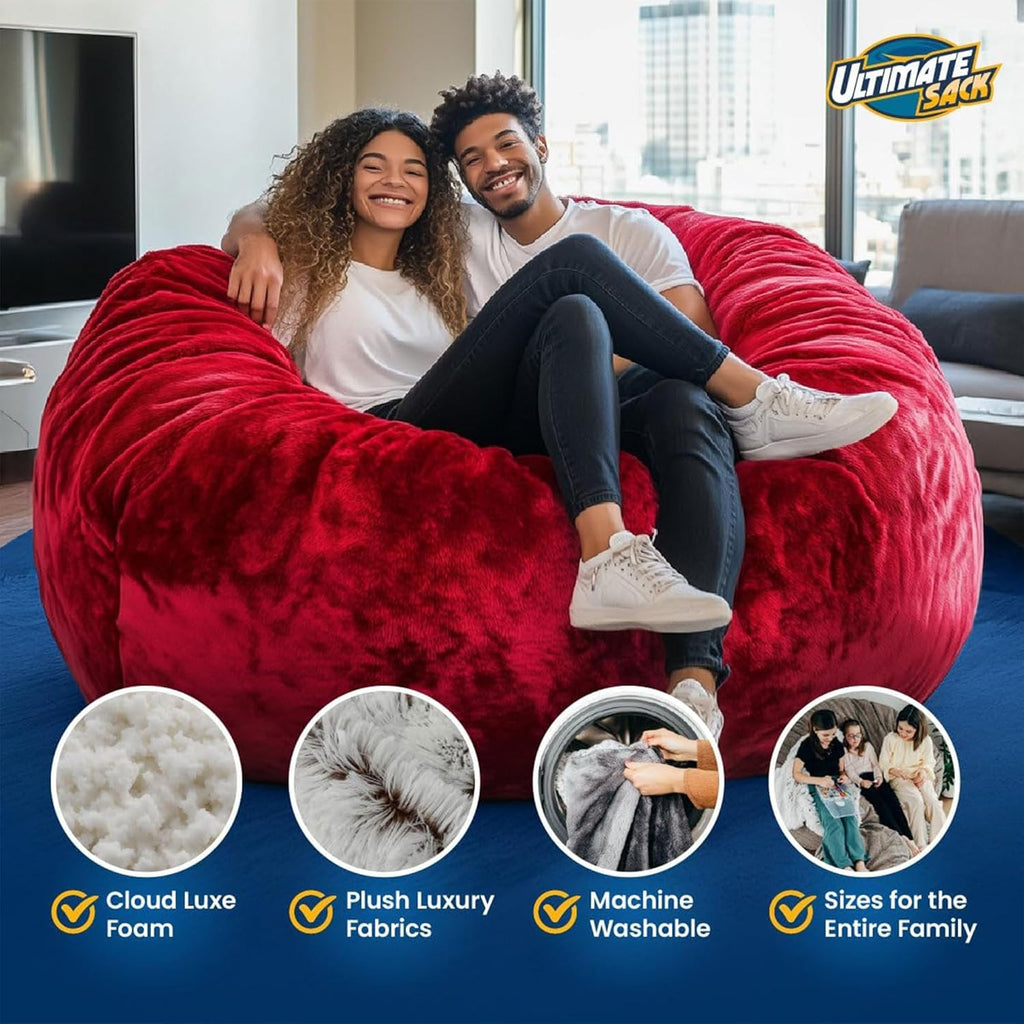 ULTIMATE SACK 5000 5-Foot Bean Bag Chair with Footstool, Black Suede Cover – Oversized Foam Lounger, Floor Seat, Small Sofa, or Couch Bed for Living Area, Gaming Room, or Reading Lounge