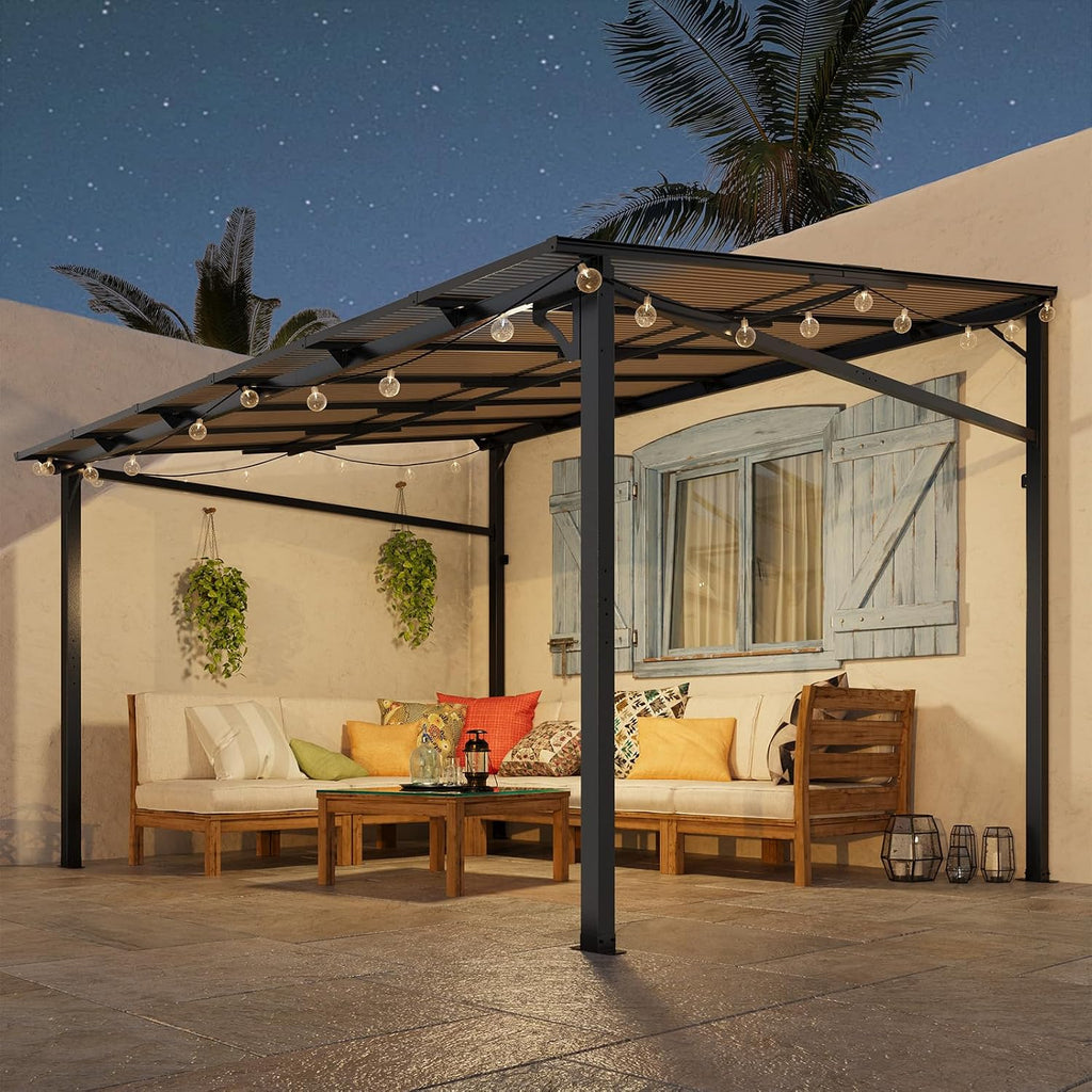 10 Ft x 12 Ft Lean to Gazebo - Hardtop Gazebo Wall Pergola with Polycarbonate Roof, Aluminum Frame Mounted for Lawn, Patio, Deck & Party
