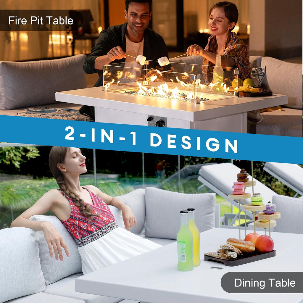 NICESOUL 43' Aluminum Outdoor Propane Fire Pit Table, 60,000 BTU Rectangle Natural Gas Firepits, Rust-Proof All-Weather Fire Table with Wind Guard & Glass Rocks for Patio Outside CSA-Certified, White