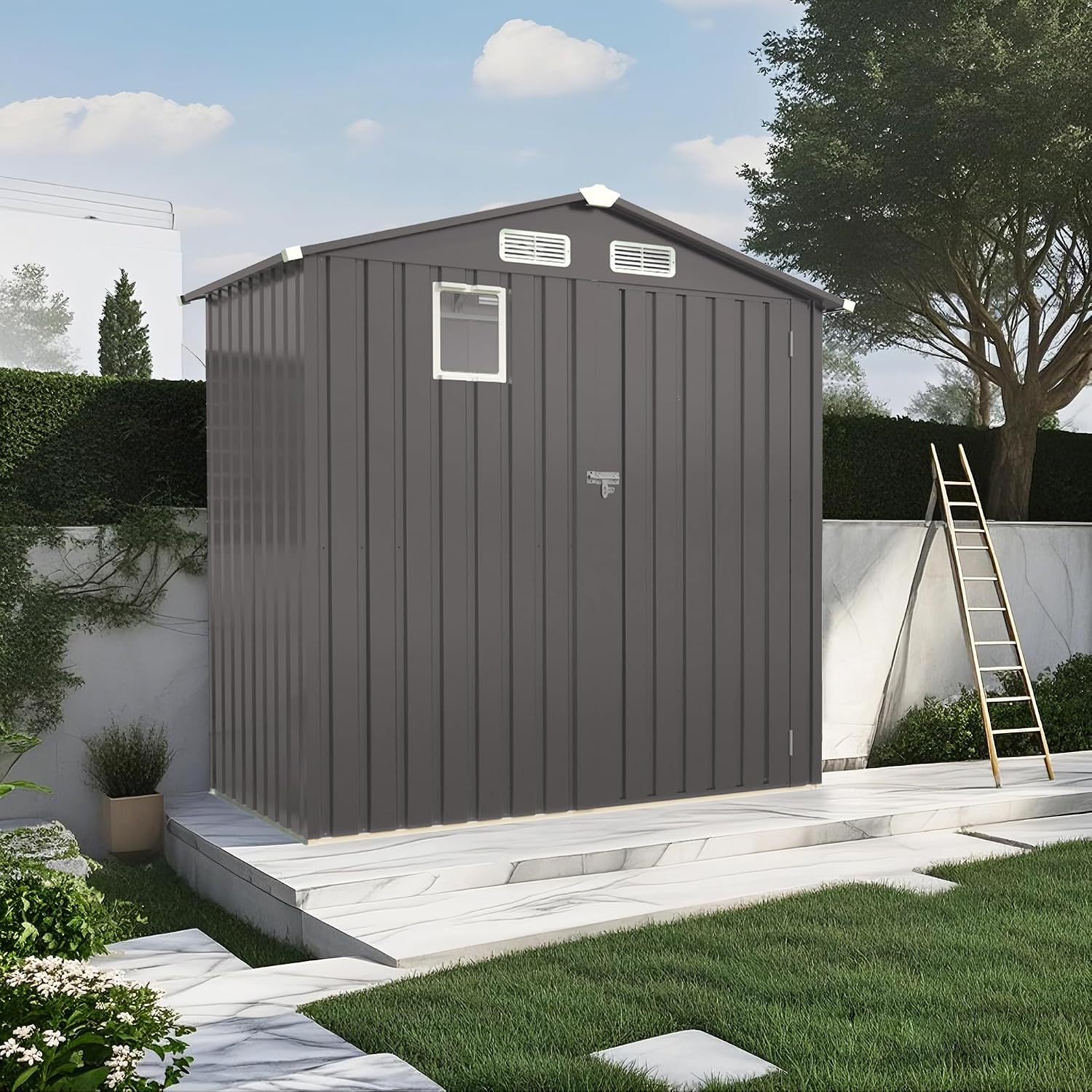 Organize and Secure with 6x3.6 FT Metal Shed, Waterproof Outdoor Storage with Lockable Door & Clear Window for Garden Tools, Patio Furniture, Bicycles, Gray