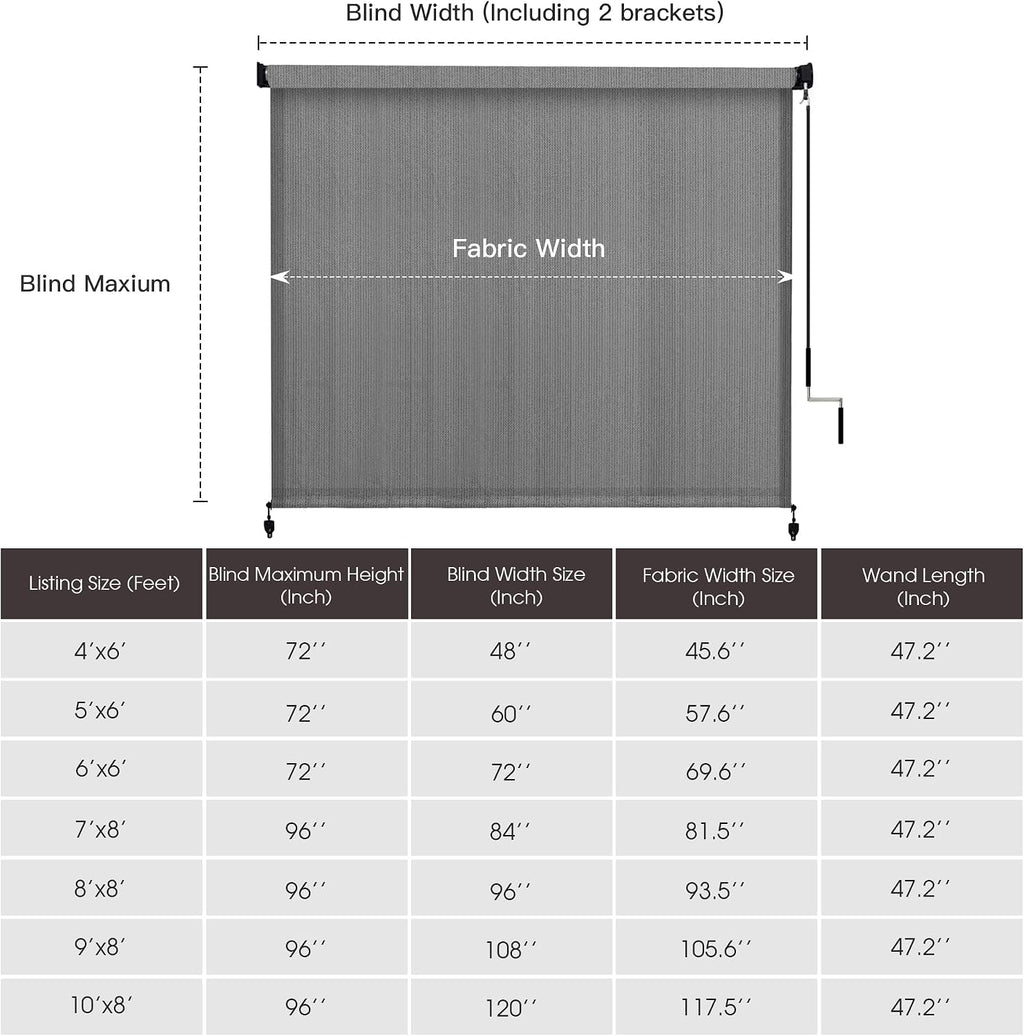VICLLAX Outdoor Roller Shade Fabric for Porch Gazebo, Patio Cordless Blinds Roll Up Shade (9' W X 8' L), Anthracite Grey