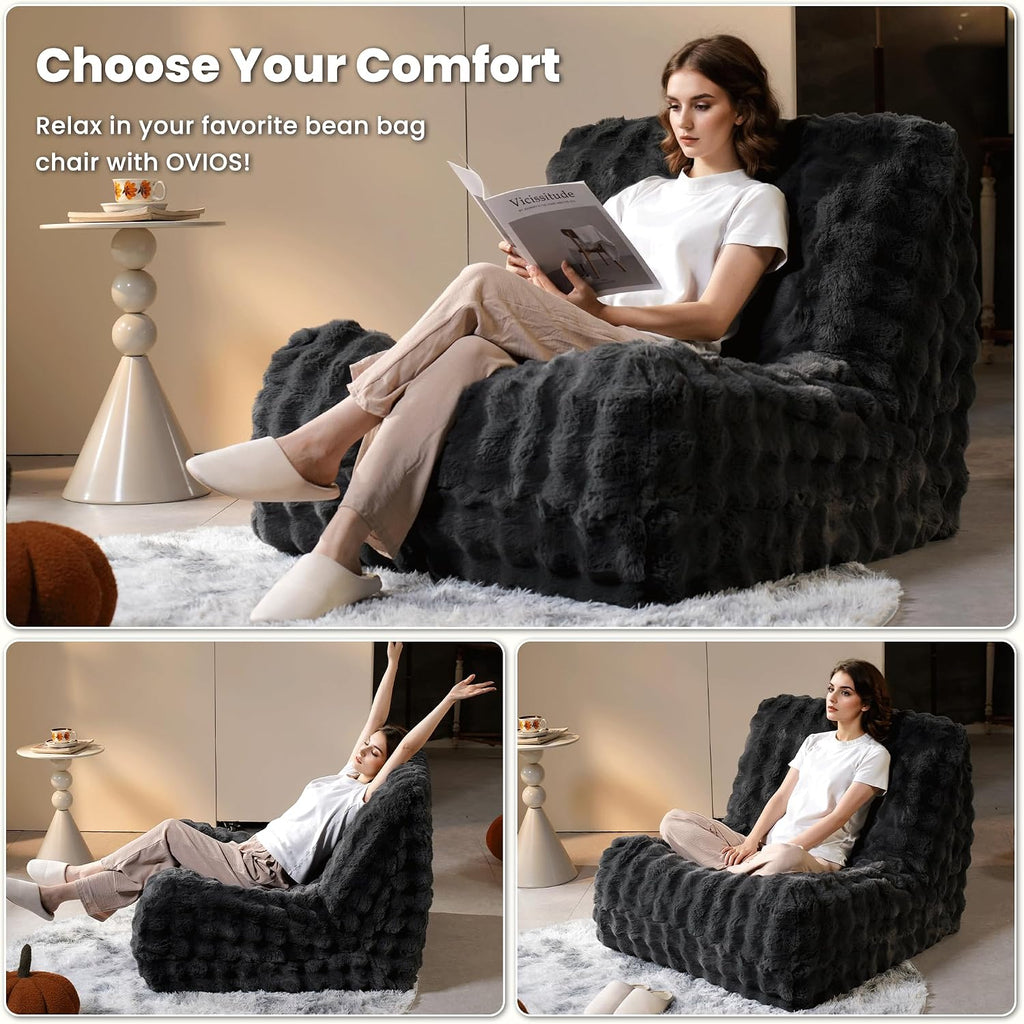ovios Bean Bag Chair for Adult, Giant Beanbag with Plush Faux Fur, Comfy Large Big Lounger Floor Lazy Chair for Indoor Fireside Living Room Bedroom Dorm, Dark Grey